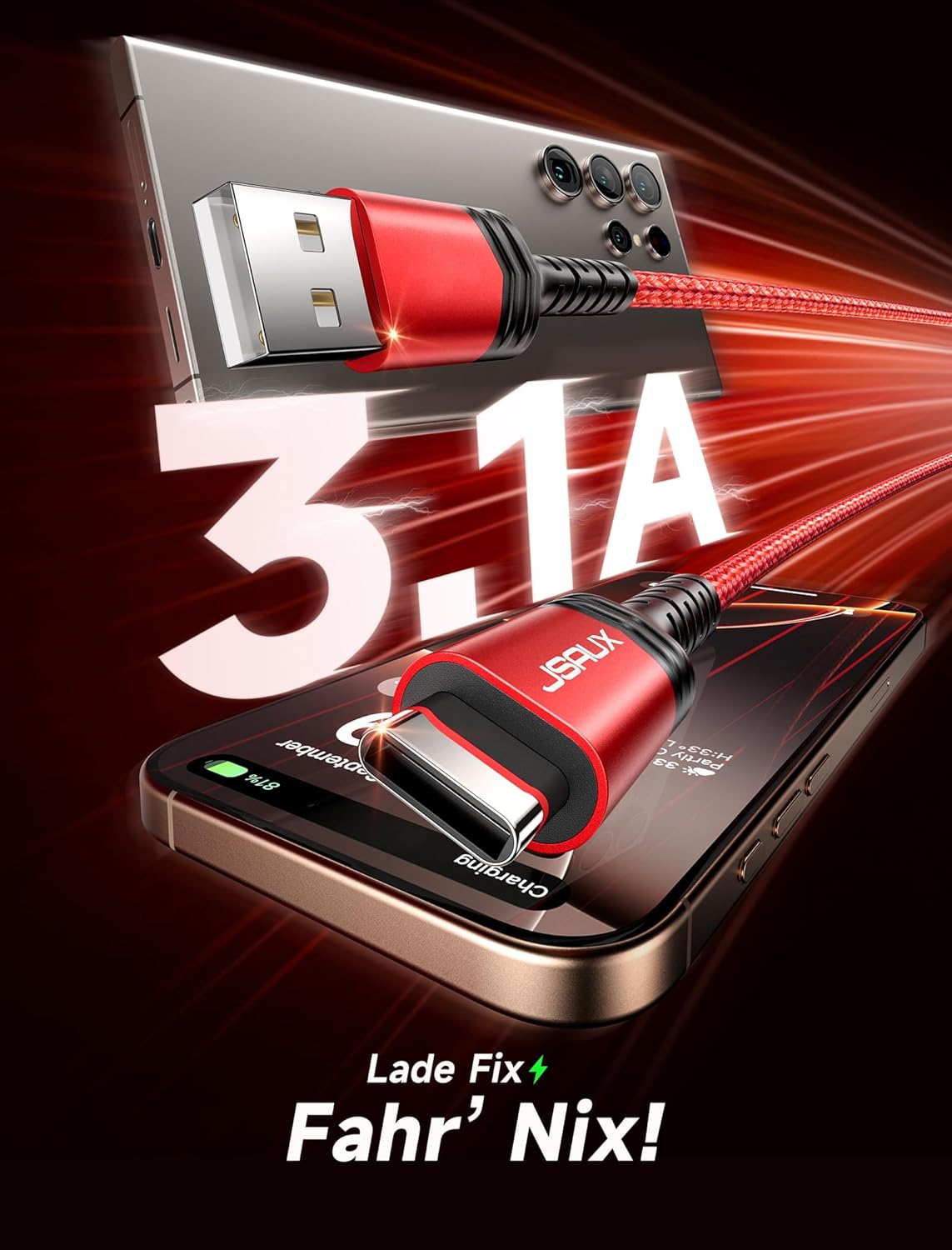 Jsaux USB-C-Kabel (2 Einheiten, 2 m), Nylon-Typ-C-Ladekabel für Samsung Galaxy S10, S9, S8 Plus, Note 10, 9, 8, A3, A5 2017, LG G5, G6, V20, HTC 10, U11, Sony Xperia XZ Xa1, Huawei P30, P20 Mate, 20 Lite, P10, P9 usw. – Bild 3