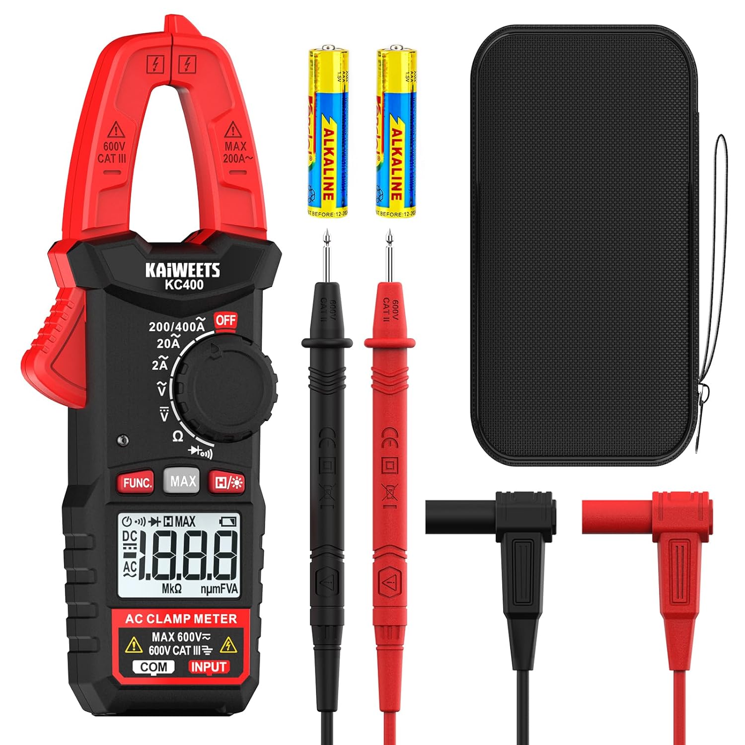 KAIWEETS Digitale Stromzange, tragbares Strommessgerät 400 A AC, 600 V AC/DC, 2000 Zählungen, Auto-Range-Spannungsprüfer, Messgerät für Strom, Spannung, Widerstand, Durchgang und Diode, KC400