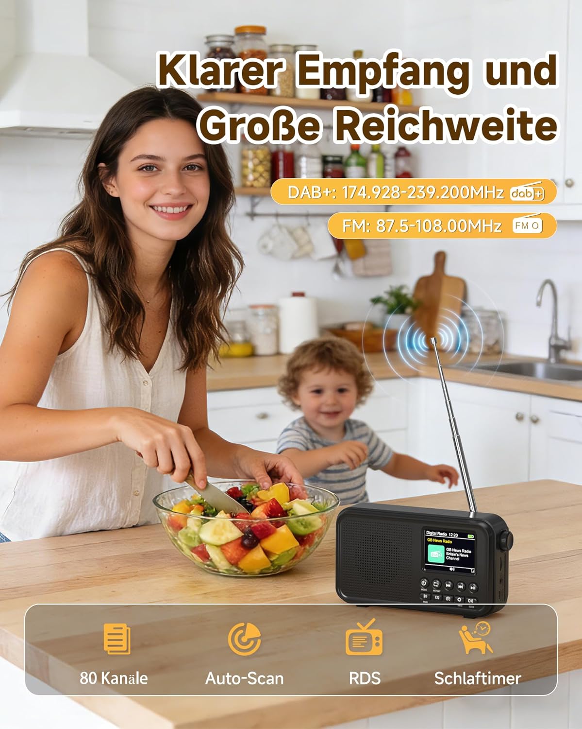 Roxicosly Tragbares DAB/DAB+-Radio, 80 Voreinstellungen, FM-Digitalradio mit 3000-mAh-Akku, Küchenradio mit Bluetooth 5.0, EQ-Modi, Sleep-Timer, Schlummerfunktion, TF/3,5-mm-AUX-Anschluss, Doppelalarm – Bild 2