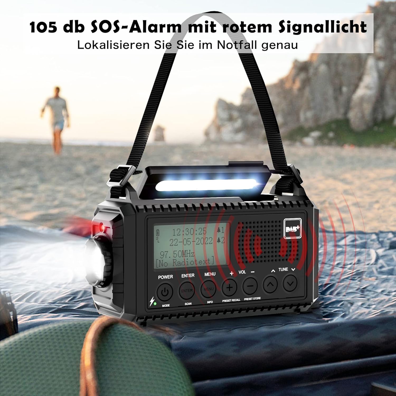 Kurbelradio DAB/UKW, tragbares Solarradio mit LED-Taschenlampe & Leselicht, DAB+/UKW-Baustellenradio IPX4, Notfallradio und SOS-Alarm, zum Wandern geeignet – Bild 4