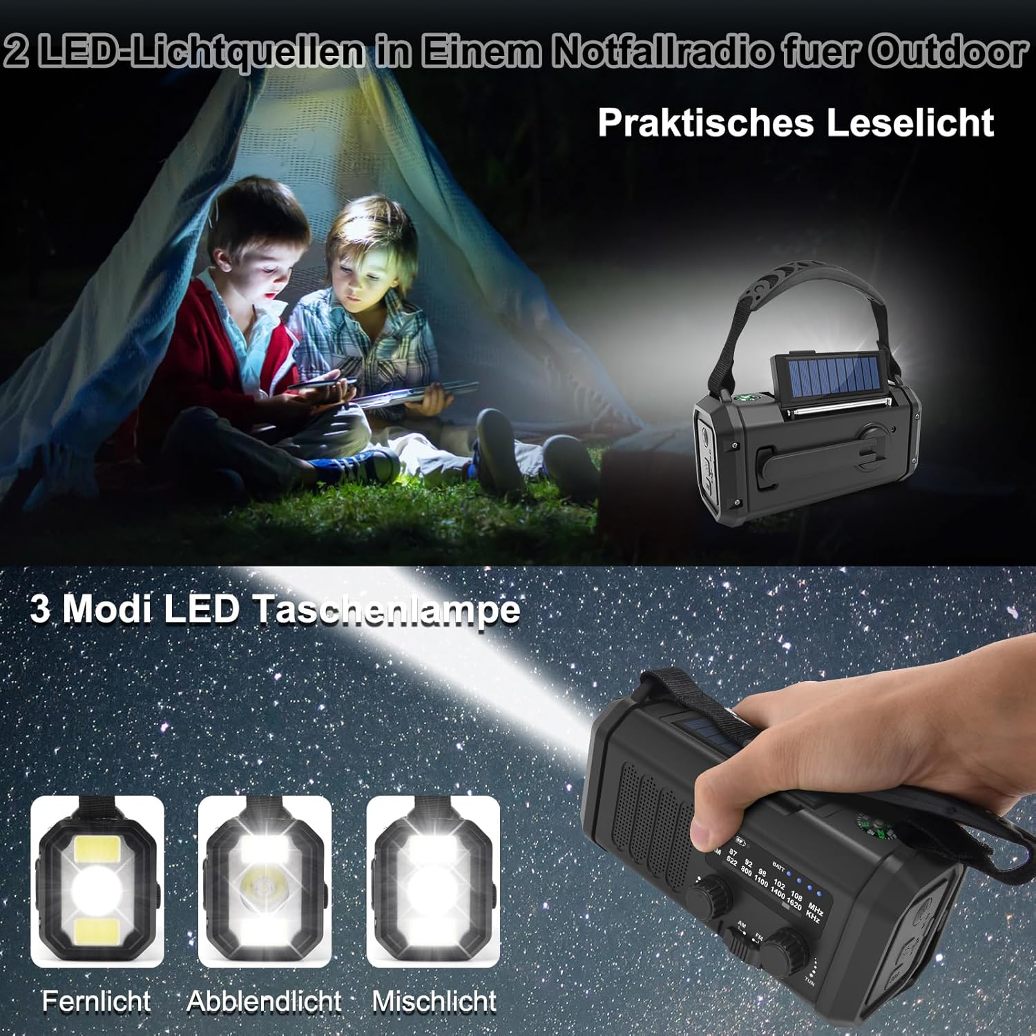 Solarradio, tragbares Kurbelradio, AM/FM-Notfallradio mit 10000/20000 mAh wiederaufladbarer Powerbank, 3 Modi LED-Taschenlampe, SOS-Alarm, USB-C-Handy-Aufladung für Camping im Freien (schwarz, 20000 mAh) – Bild 4