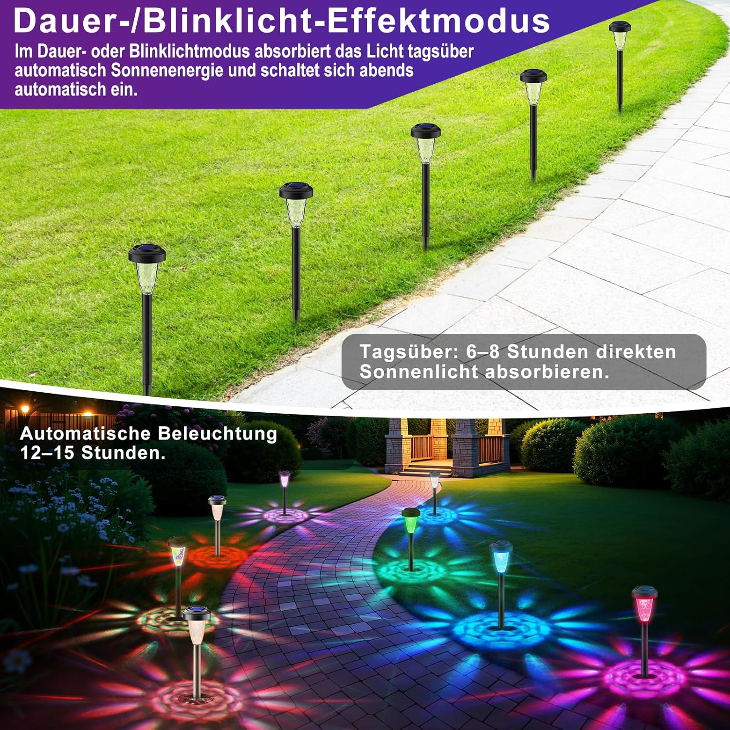 FIFlying Solarleuchten für den Garten im Freien, 8 Stück, LED-Solarleuchten, Garten-Dekorationsbeleuchtung, IP65 wasserdichte Solarlampe für Garten, Außenbereich, Terrasse, Rasen, Hof, Wege – RGB – Bild 2