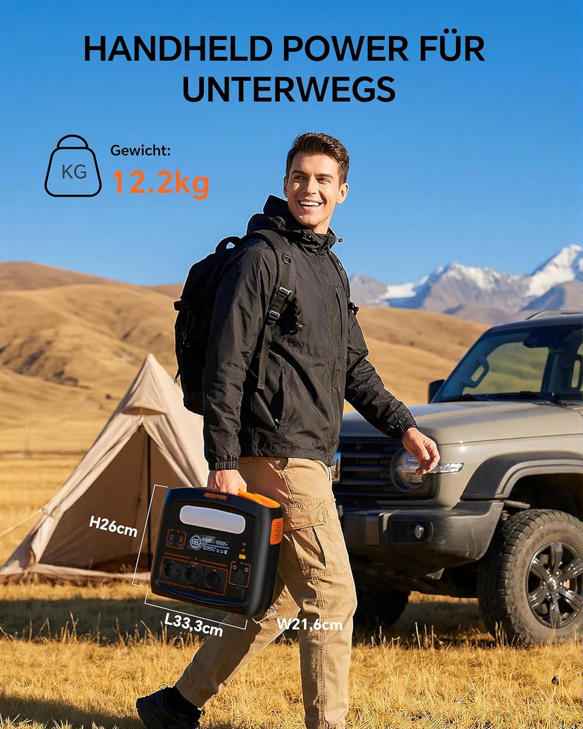 Tragbares Kraftwerk 1800 W (Spitze 3600 W)/1102,5 Wh, LiMnFePO4-Akku, 0–100 % aufgeladen in 65 Minuten, USB-C 100 W, Gleichstromausgang, 230 V AC-Steckdosen, Mppt 400 W Solarladung, Solargenerator für Camping – Bild 6