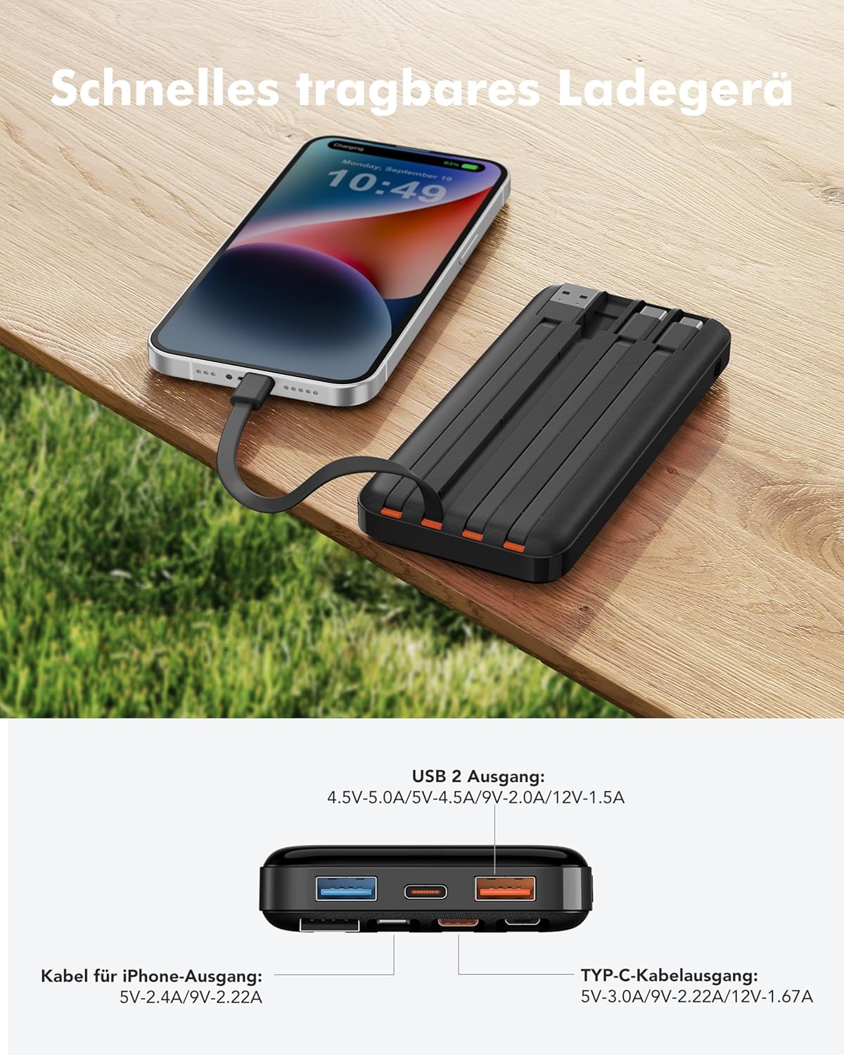 Charmast Power Bank, 22,5 W Powerbank 20000 mAh mit 4 Kabeln und LED-Anzeige, USB C PD3.0 QC4.0 Externe Handy-Akkus mit 6 Ausgängen, kompatibel mit iPhone 17, 16, 15, 14, 13, 12 Pro Max Plus, Samsung S24 Tablet – Bild 7