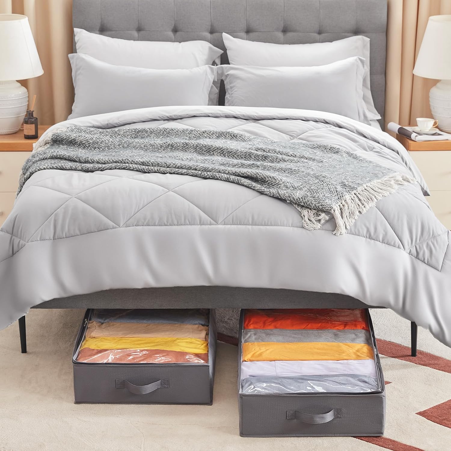 Lifewit Unterbett-Aufbewahrungsbox, Unterbett-Aufbewahrungstasche, faltbare Kleideraufbewahrungstasche mit Deckel für Bettdecken, Kleidung, Unterbett-Kleiderschrank, grau, 65 l, 2 Stück – Bild 6