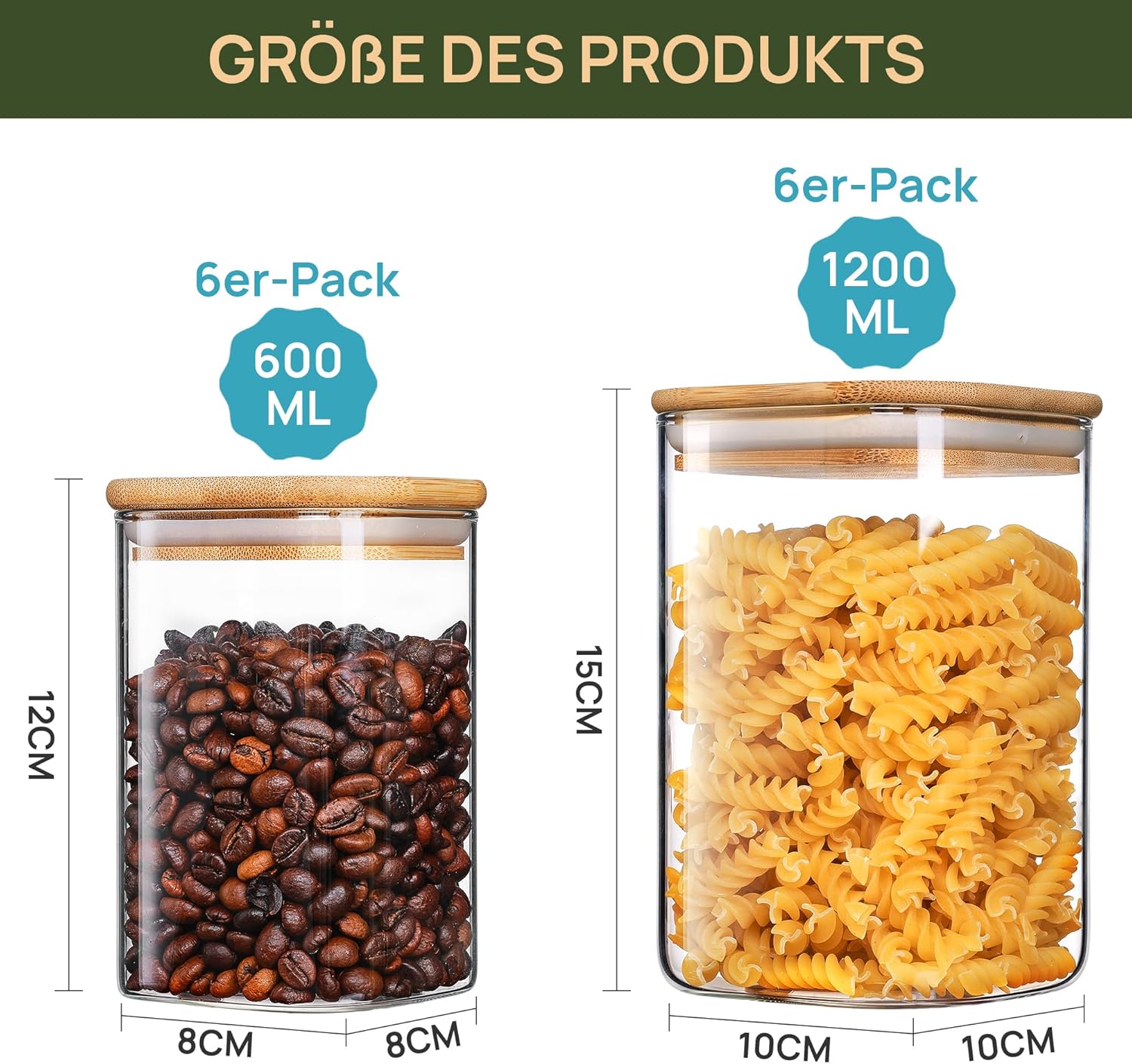 Vtopmart Set mit 12 Vorratsgläsern mit Deckel, 2 Größen: 1200 ml x 6, 600 ml x 6, Vorratsgläser aus Glas mit Deckel, Vorratsdose mit Holzdeckel zur Spaghetti-Aufbewahrung – Bild 2