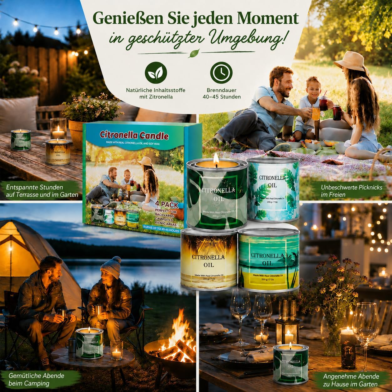 Creashine Citronella Kerzen Outdoor 4er Set, 800g Sojawachskerzen mit Zitronengrasduft, lange Brenndauer für Garten, Balkon, Terrasse, Camping und Outdoor-Aktivitäten – Bild 2