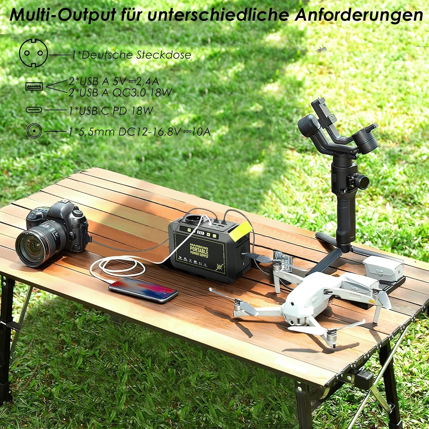 MARBERO Portable Power Station 24000 mAh, tragbarer Generator 88,8 Wh, externer Akku mit 80 W 230 V Steckdose, USB-C & LED-Lampe, Notstromversorgung für Camping, Haushalt, Reisen, Garten & Notfälle – Bild 2