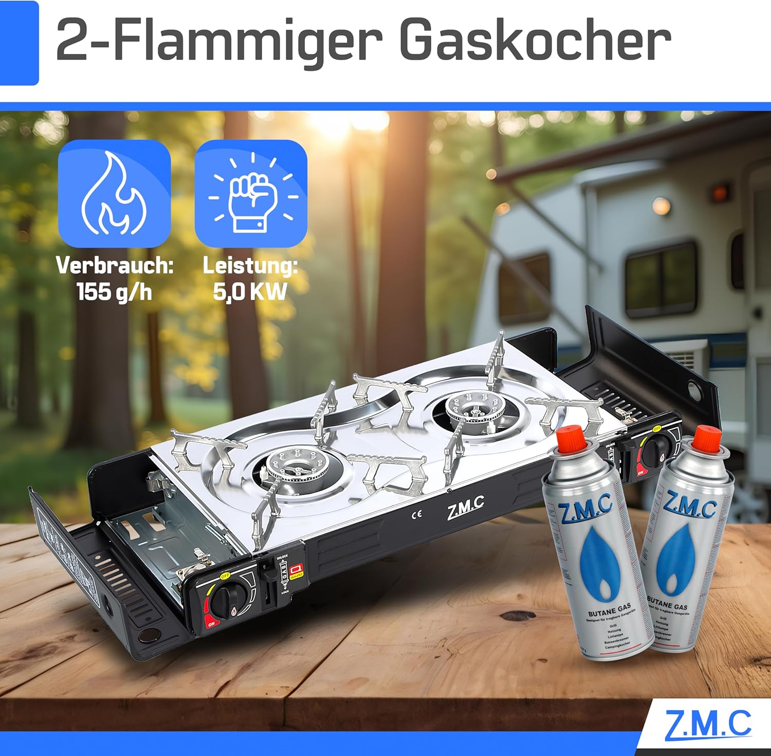 ZMC Gaskocher 2-flammig, 2 x 2,5 kW, LPG-Adapter + Aufbewahrungskoffer, Campingkocher mit Piezo-Zündung, optional mit Grillplatte und Gaskartuschen, 227 g, für den Außen- und Innenbereich – Bild 3
