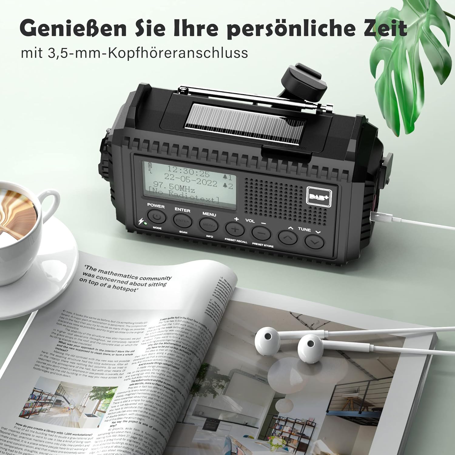 Kurbelradio DAB/UKW, tragbares Solarradio mit LED-Taschenlampe & Leselicht, DAB+/UKW-Baustellenradio IPX4, Notfallradio und SOS-Alarm, zum Wandern geeignet – Bild 6
