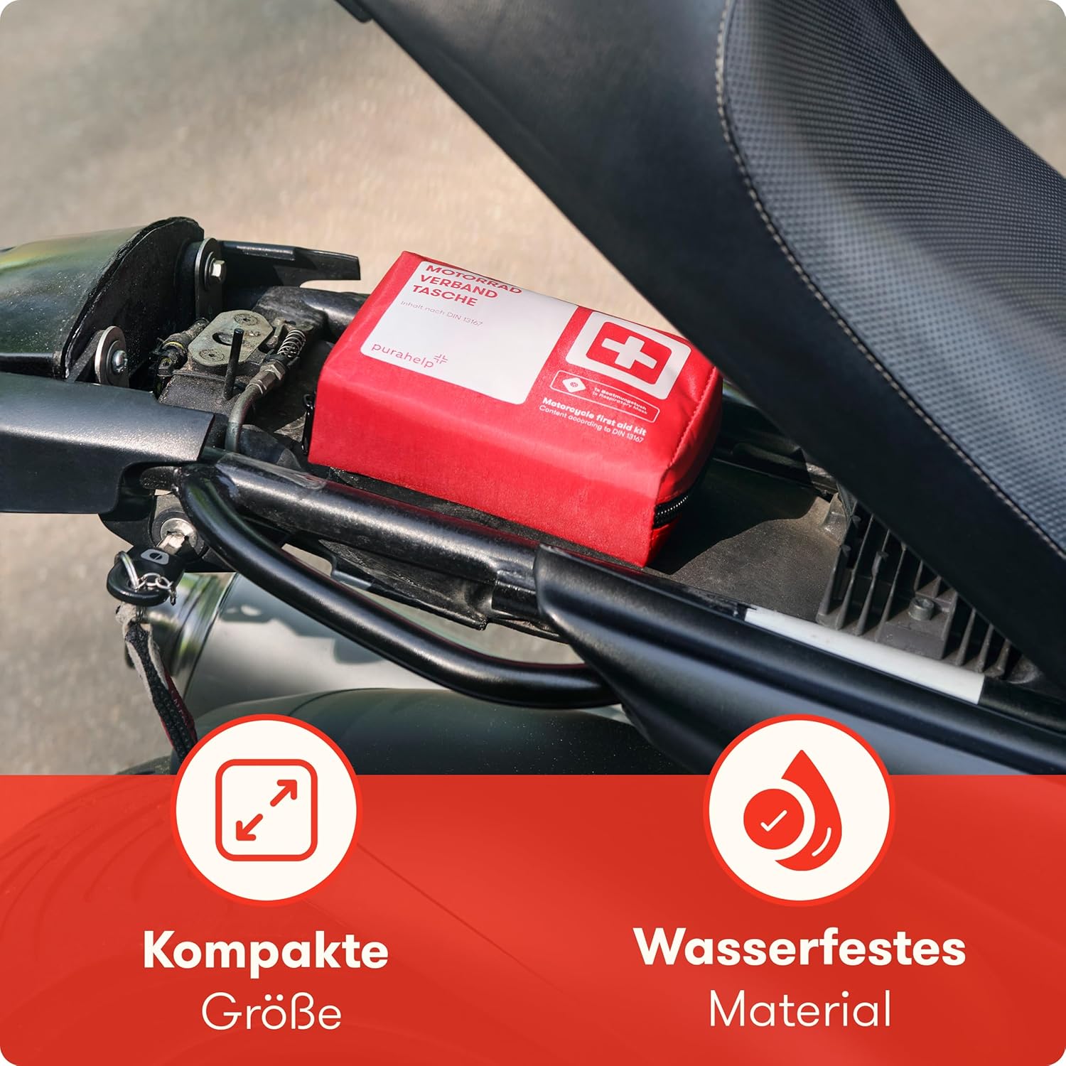 PURAHELP Motorrad-Erste-Hilfe-Set nach aktueller Norm 2026 DIN 13167 (StVO-konform) – inkl. Warnweste & Belüftungstuch – Motorrad-Verbandset 2026 Mini Small – Bild 3