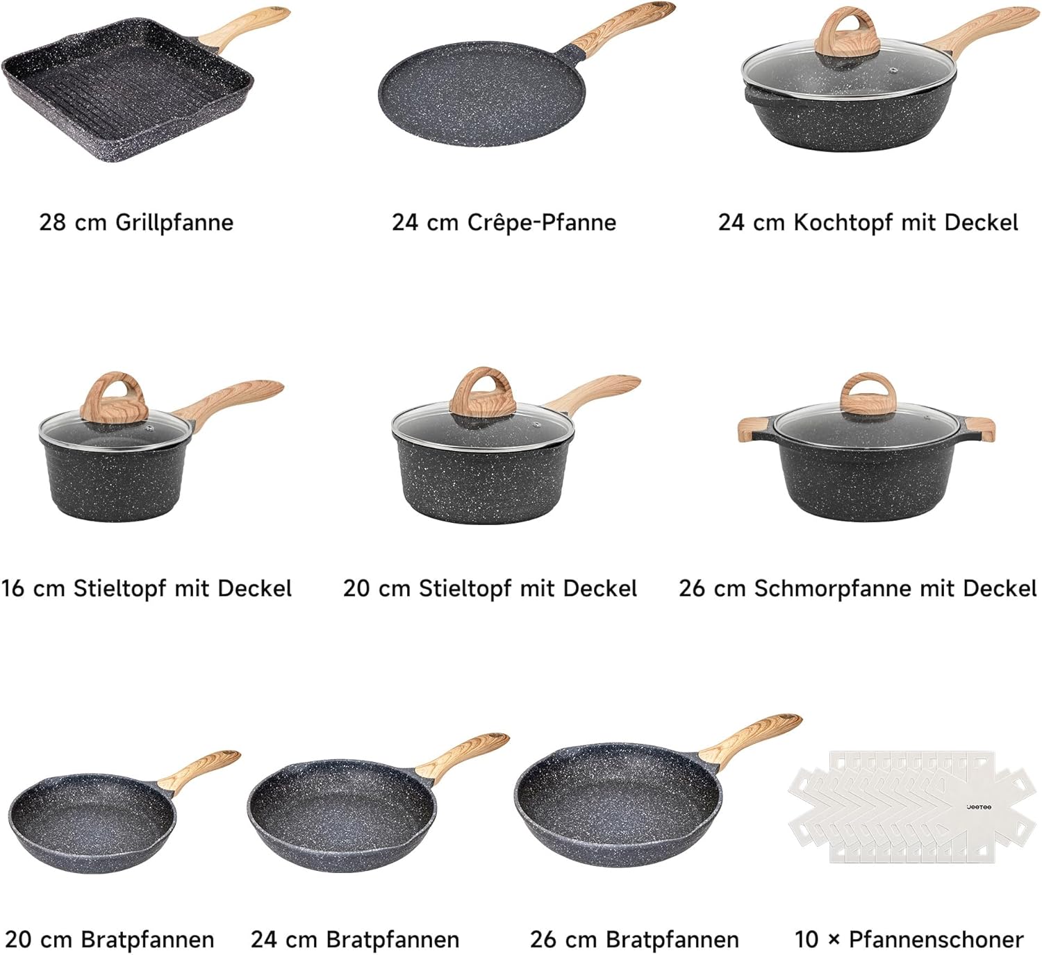 JEETEE Kochtopf- und Pfannen-Set, 23-teilig, Grau/Schwarz, Antihaft-Induktionstopf-Set mit Glasdeckel, Kochtopf, Bratpfannen, Schmorpfanne, Crêpes-Pfanne, Grillpfanne – Bild 2