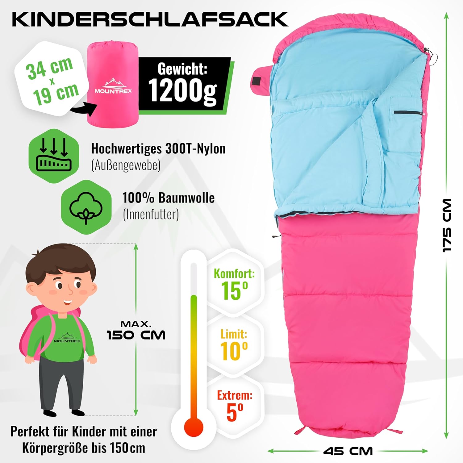 MOUNTREX® Kinderschlafsack – tragbar wie ein Rucksack – Schlafsack für Kinder (175 x 70 x 45 cm) – Outdoor, Reisen, Camping, – Mumienschlafsack leicht und kompakt – Innenfutter aus 100 % Baumwolle – Bild 2