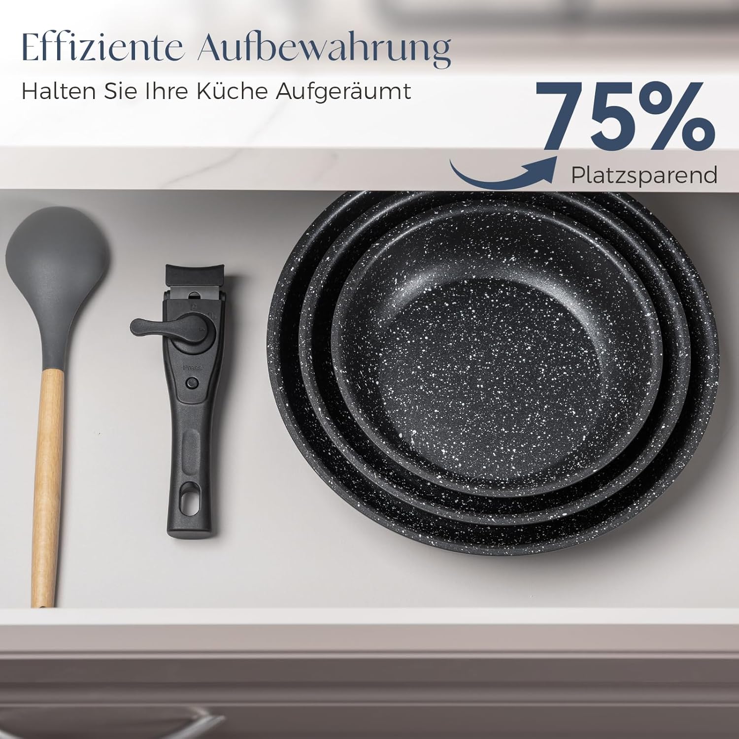 Pfannenset mit abnehmbarem Griff, Induktionspfannen, Bratpfanne mit Antihaftbeschichtung, 7-teiliges Set, 20 + 24 + 28 cm Platzsparpfannen, Pfannenset für alle Herdarten, Spülmaschinen, ofenfest (Grau) – Bild 4
