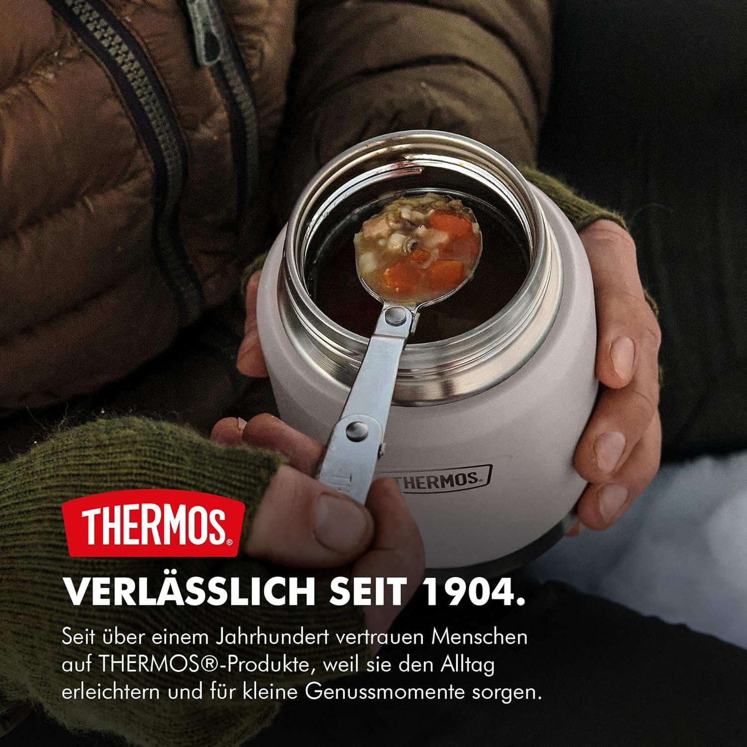 Thermos ICON Thermo-Speisebehälter Beige 0,47 L – Hält Speisen 10 Stunden heiß & 24 Stunden kalt, Edelstahl, absolut auslaufsicher, mit Klapplöffel, BPA-frei – Bild 2