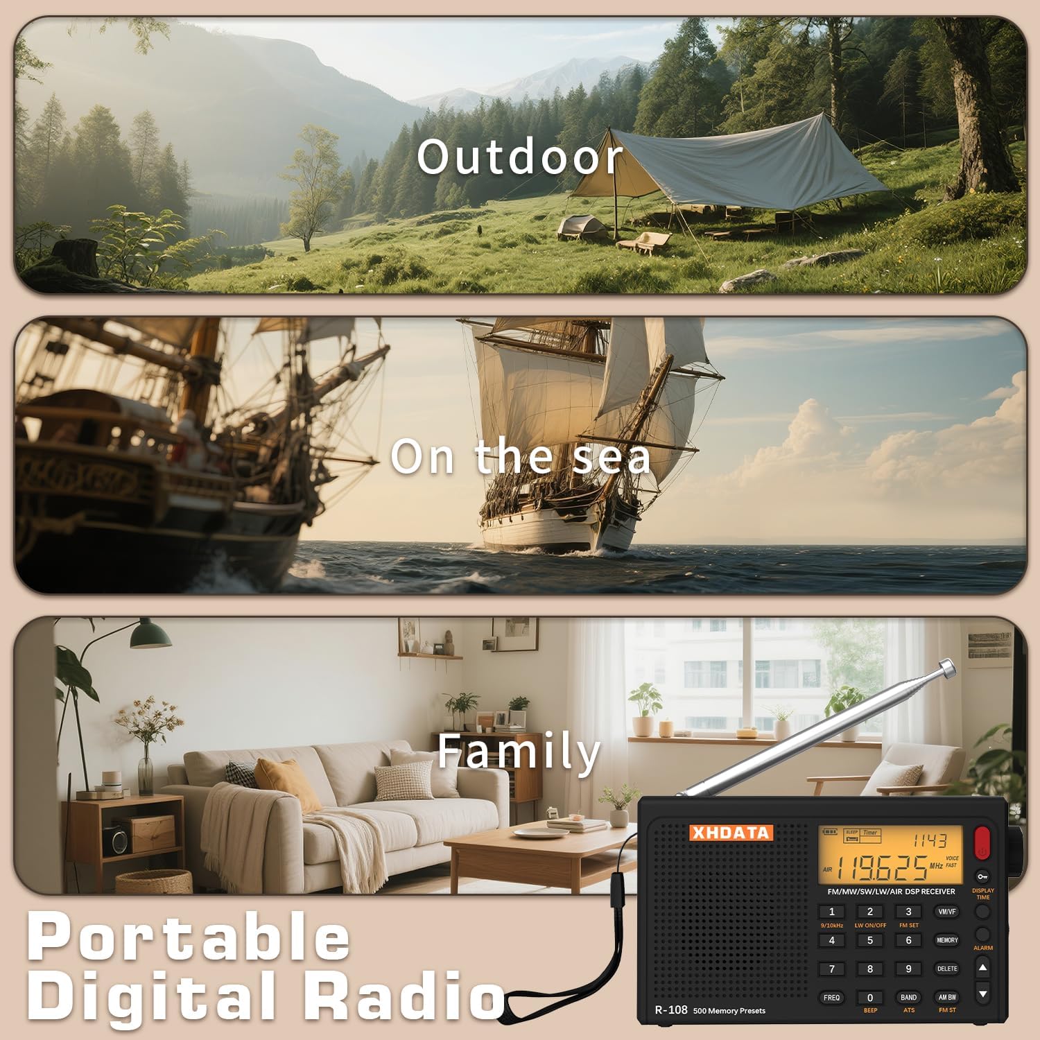 XHDATA R-108 Kleine tragbare Radios, wiederaufladbares Batterieradio FM AM SW Airband Radio Weltempfänger Digitalradio mit ATS Station Memory Sleep Funktion (Schwarz) – Bild 7