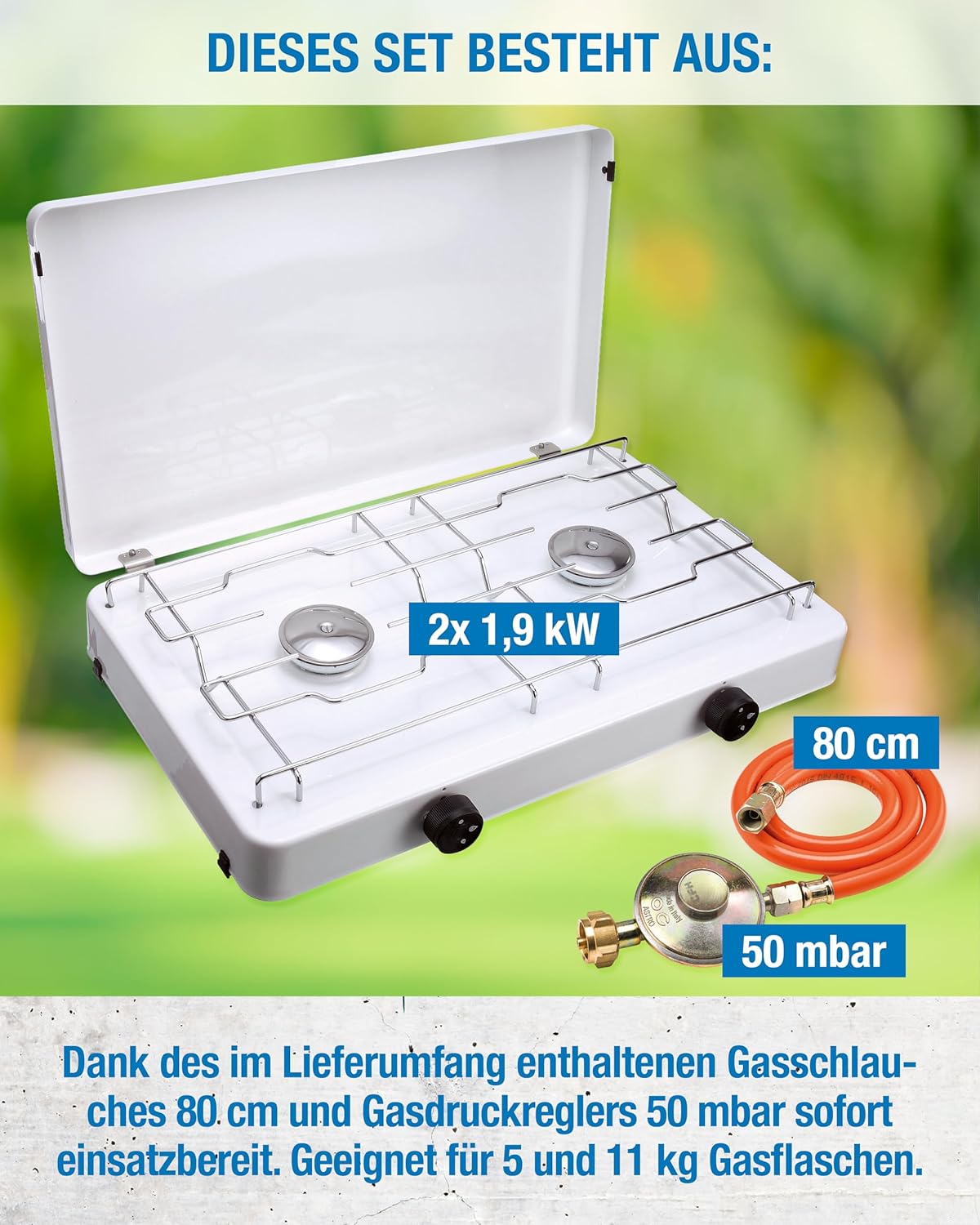 Capri Zweiflammenkocher mit Druckregler + 80 cm Gasschlauch 1/4 Zoll lks. – Bild 3