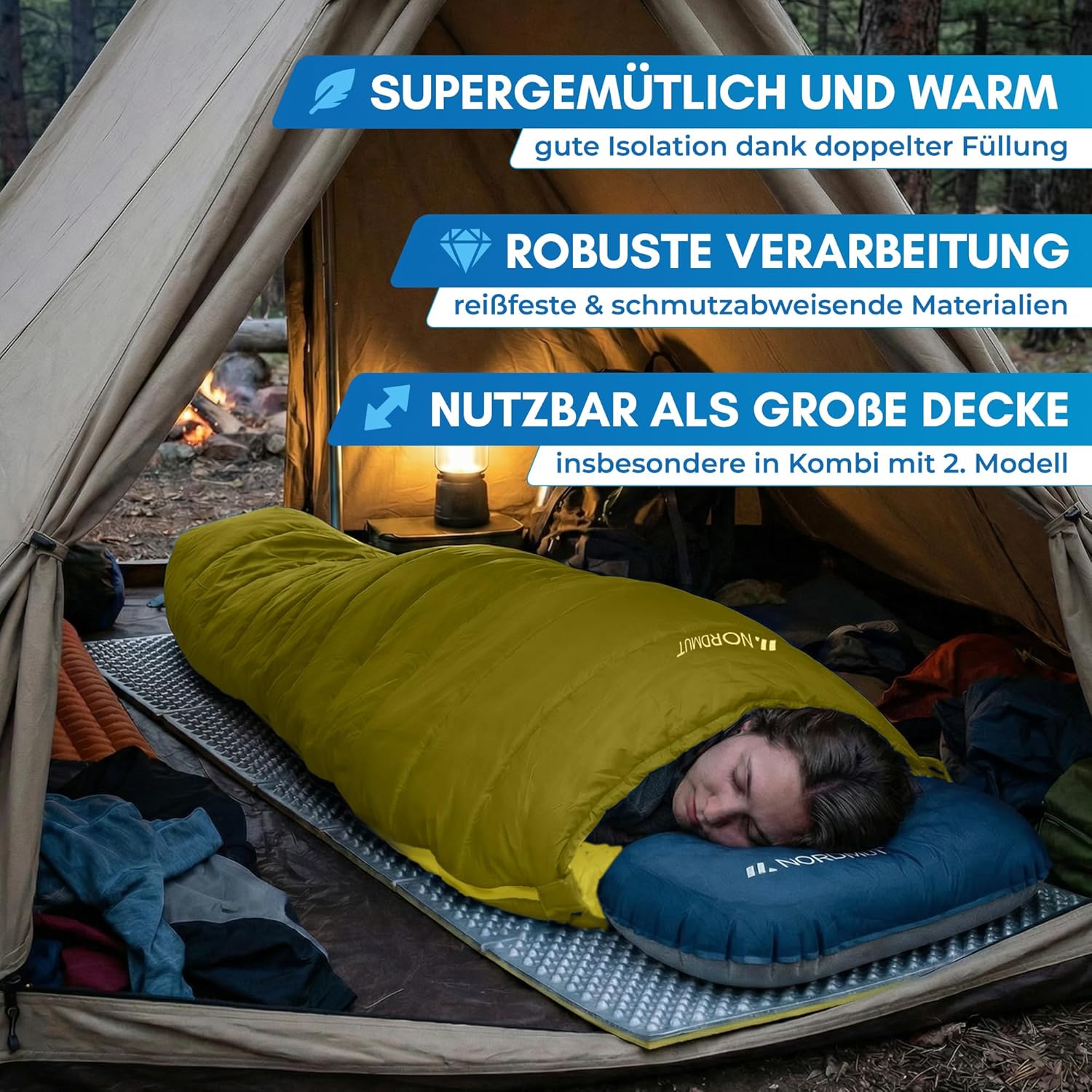 NORDMUT® Deckenschlafsack für Erwachsene mit Zwei-Wege-YKK-Reißverschluss – kleines Packmaß & ultraleicht 1600 g – 3 Jahreszeiten (250 g/m²) – Schlafsack für Camping, Outdoor & Festivals – Bild 8