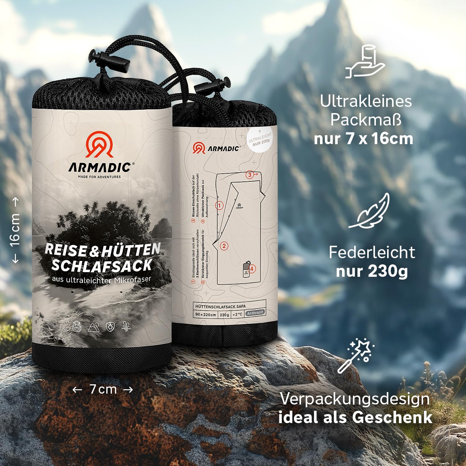 Hüttenschlafsack aus Mikrofaser oder Bio-Baumwolle (nur 230g / 370g) - Ultra leicht, klein und dünn. Reiseschlafsack, Schlafsack Inlett, Inlay I Ideal für Backpacking, Hostels und Berghütten – Bild 3