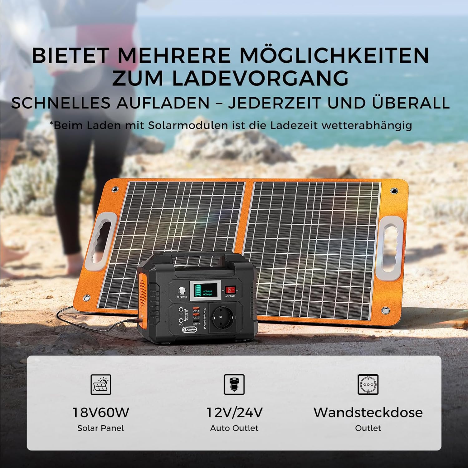 FlashFish Power Station 200 W, 151 Wh Stromgenerator, Solar AC Ausgang 230 V, Notstromgenerator Batterie mit Steckdose, Kleinkraftwerk, Tragbares Kraftwerk für Camping, Abenteuer und Notfälle – Bild 3
