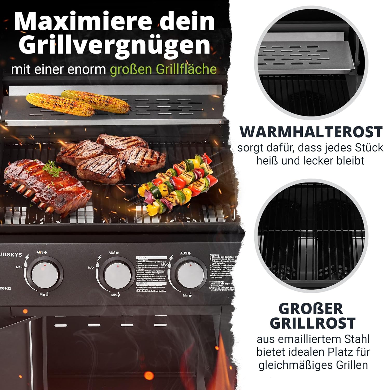 Broilcue Louisiana BBQ Gasgrill 3 Brenner 8,1 kW Gasgrillwagen inkl. Grill Grillrost, Deckel mit Grillthermometer, Warmhalterost und Seitenablagen – Bild 3