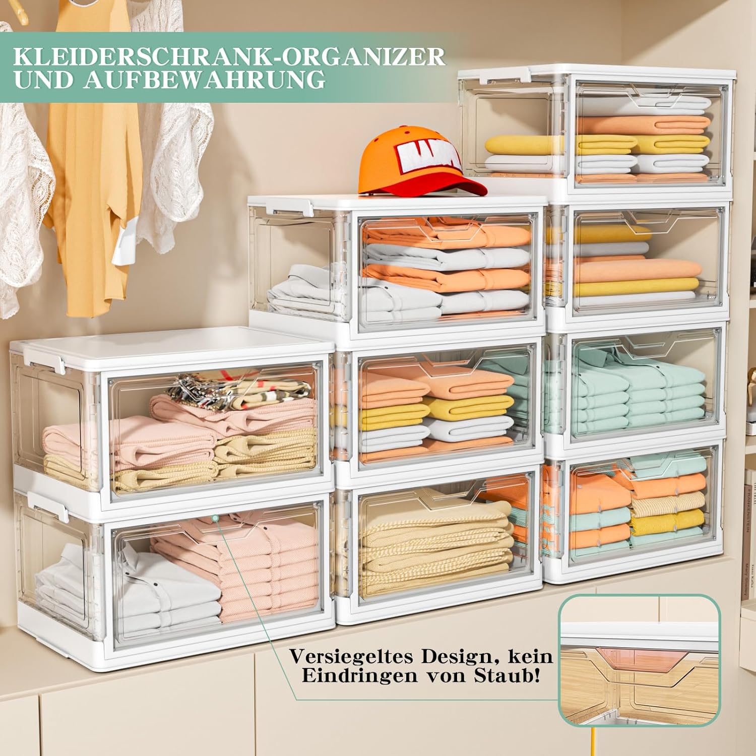 Aufbewahrungsboxen mit Deckel – 4-stöckige stapelbare Kunststoffboxen, 23 l transparent, große Organizer-Behälter für Schlafzimmer, Wohnzimmer, Badezimmer, 4 Ebenen und 1 Deckel – Bild 5
