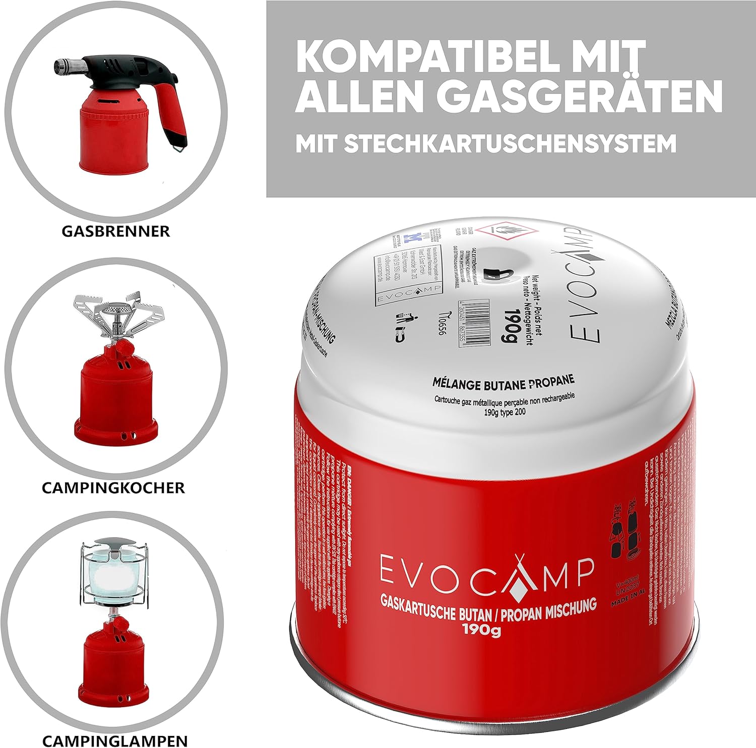 EVOCAMP 4 x durchstechbare Kartuschen 190 g, Propan-Butan-Gaskartuschen mit integriertem Gas-Lock-System, Gaskartusche mit Campinggas, geeignet für Gaskocher, Campingkocher, Gasbrenner, Kohleanzünder, Lötlampe – Bild 7