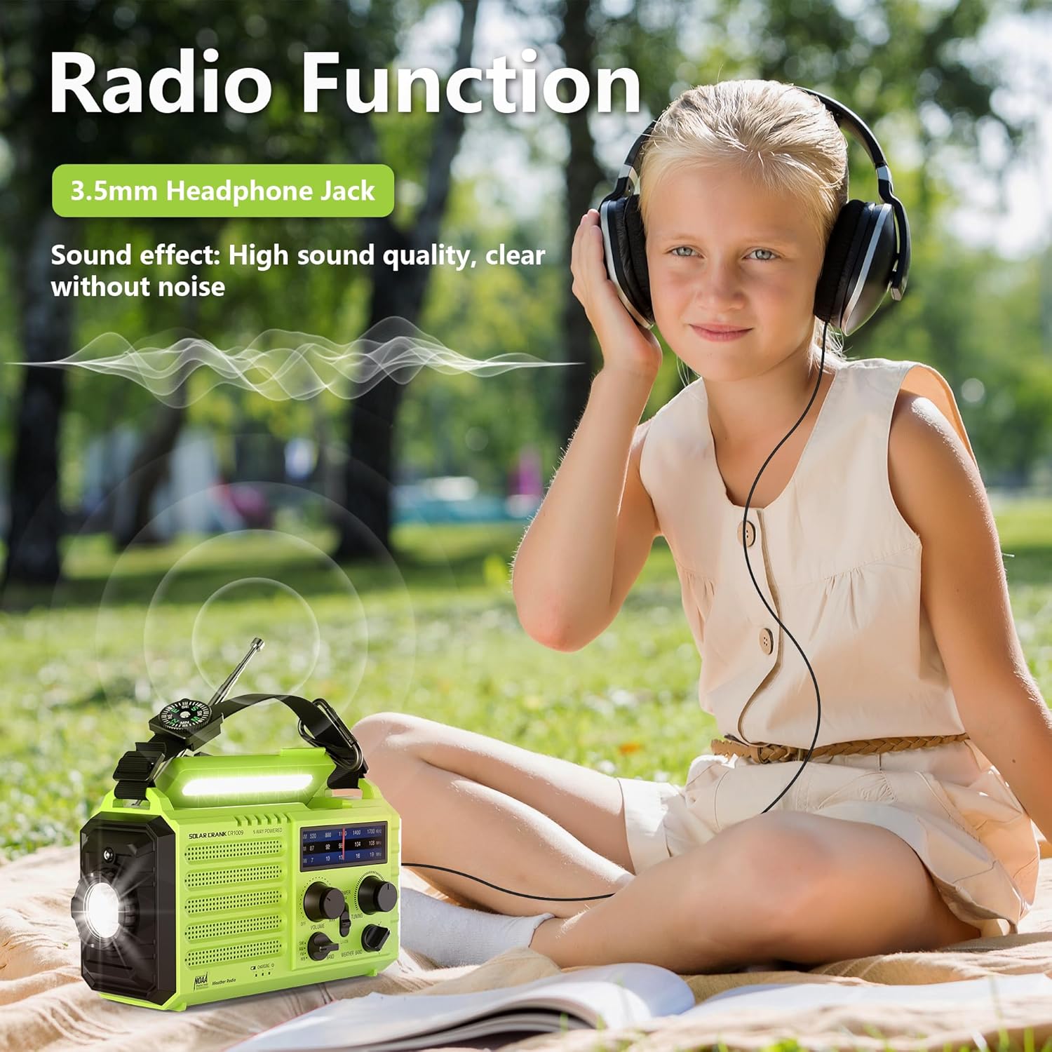 AM/FM/SW Baustellenradio, Kurbelradio, tragbares 5-Wege-Wetter-Solarradio, Dynamo-Handkurbel, Powerbank, LED-Campinglicht, SOS-Alarm, Kompass, USB-Anschluss zum Aufladen des Mobiltelefons im Notfall – Bild 5