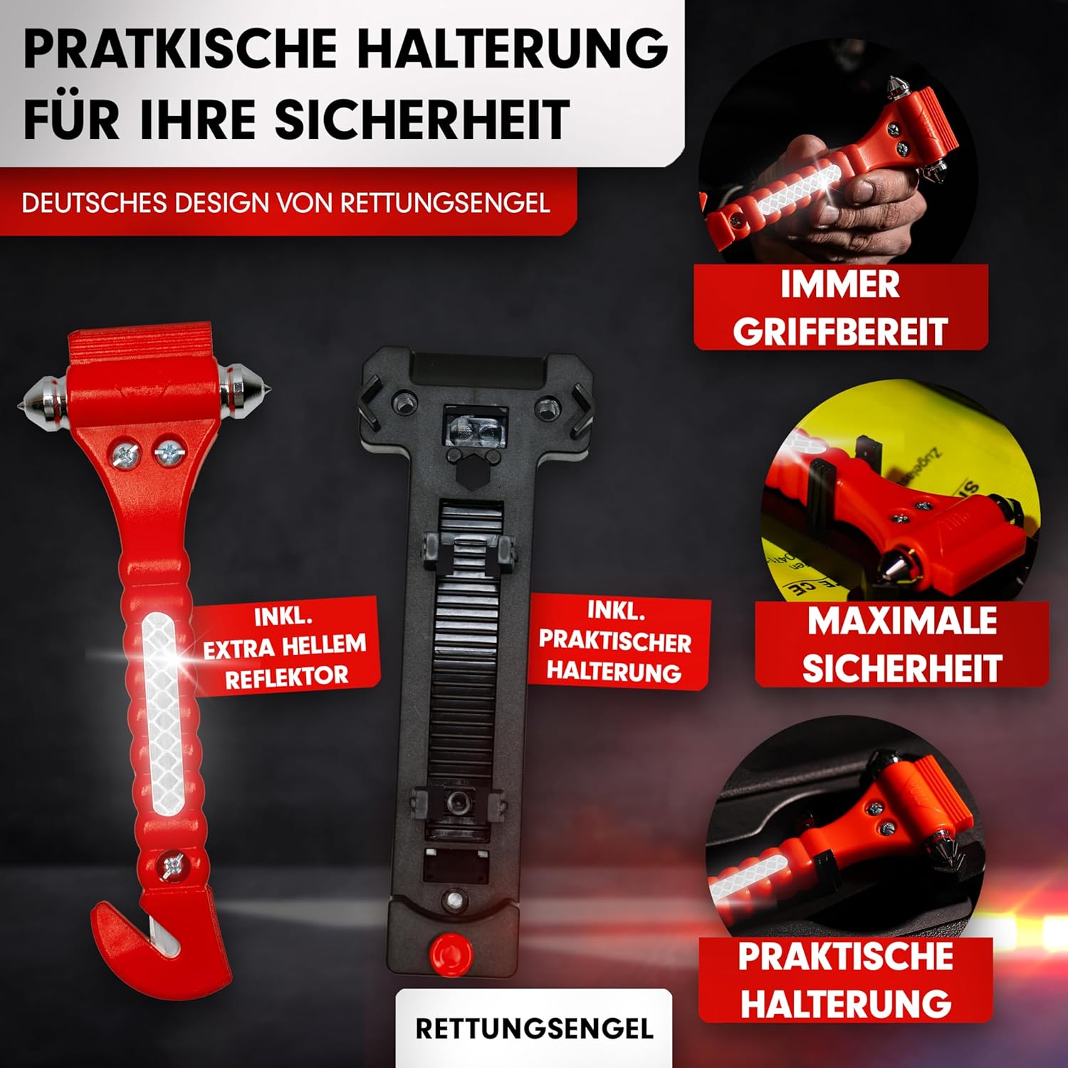 2-in-1-Nothammer mit Sicherheitsgurtschneider für das Auto (2er-Set) | Gehärtete Spitzen, Testsieger, inklusive Reflektor | Nothammer-Gürtelmesser als Rettungsgerät im Notfall für Fenster – Bild 6