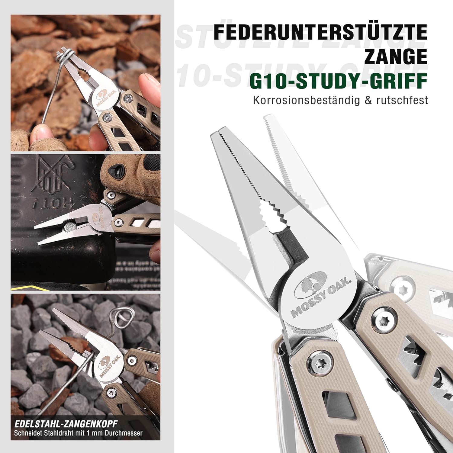 Mossy Oak 22-in-1-Multifunktionszange, Edelstahl-Multitool-Werkzeug, faltbares Multitool mit Bits, Messer, Säge und Lineal, Outdoor-Werkzeug für Camping, Wandern und Reparatur, inklusive Tragetasche, braun – Bild 3