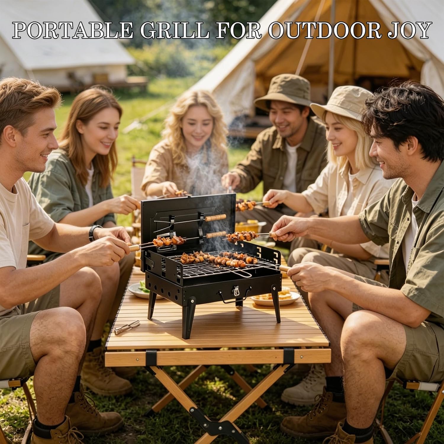 Holzkohlegrill mit Deckel und Kamin, tragbarer Outdoor-Campinggrill-Smoker mit doppelter Luftzufuhr, 2 Holzkohleschalen und Holzgriff für Garten, Terrasse und Picknick – Bild 5