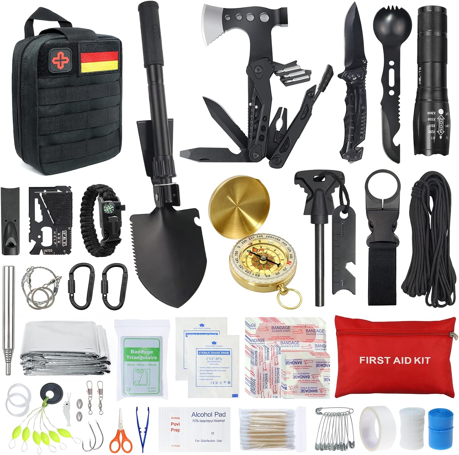WayinTop Outdoor-Notfall-Überlebensset mit Erste-Hilfe-Set, Überlebensausrüstung mit Multi-Tool-Axt, Klappschaufel, Rettungsdecken-Kompass, Geschenke für Männer, Camping, Abenteuer, Wandern im Freien