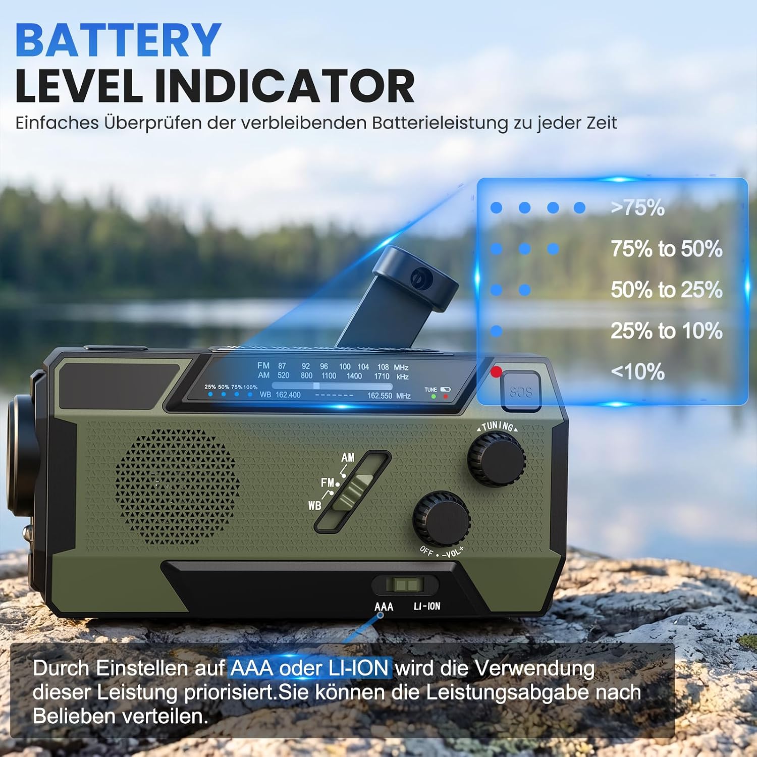 Kurbelradio, Notfallradio, 4000 mAh (14800 mWh) Akku, Powerbank mit 3 integrierten Kabeln, Radio mit Kurbel und Solar, AM/FM SOS-Alarm, Taschenlampe, Notfall-Kurbelradio für Camping, Outdoor, Stromausfall – Bild 7