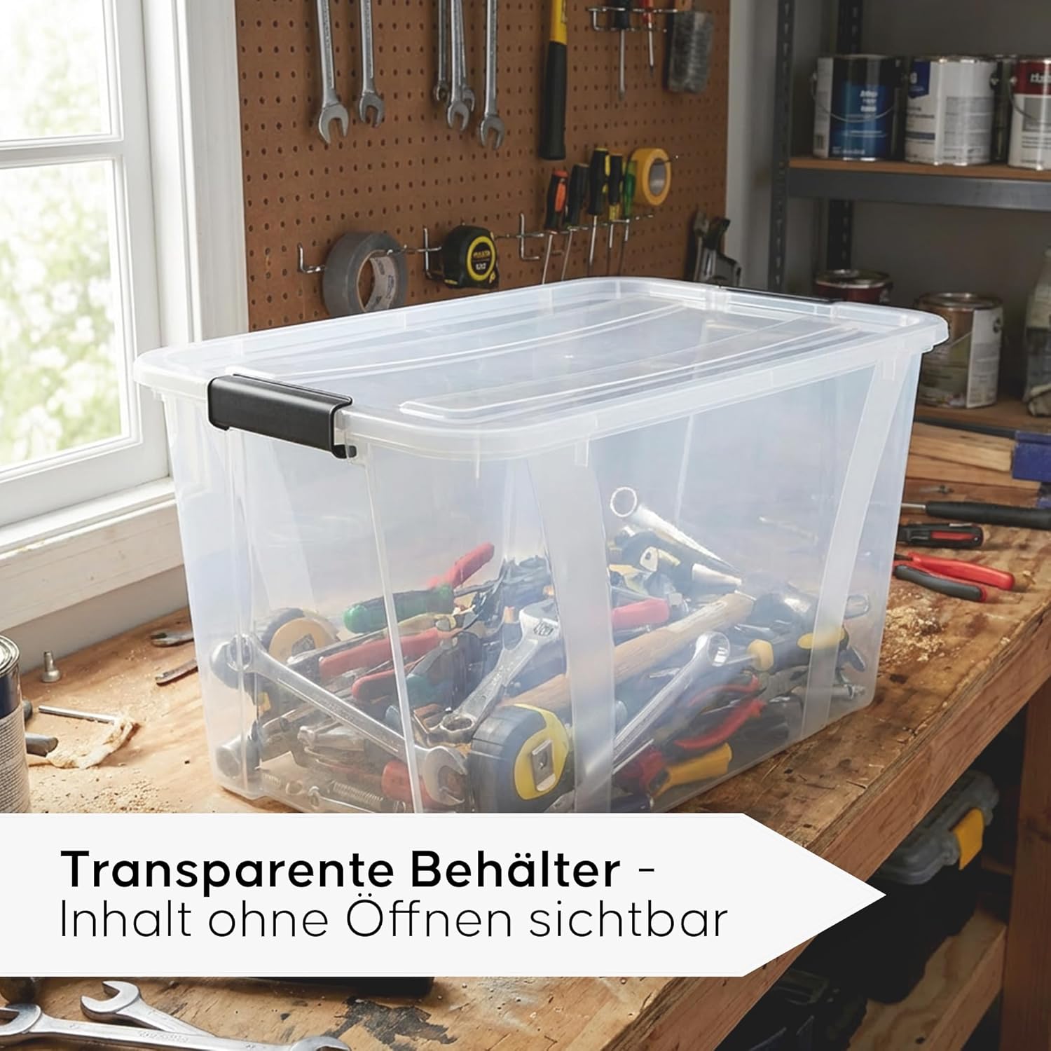 Aufbewahrungsboxen 4er-Set mit Deckel – Stapelbare Kunststoffboxen 7L, 14L, 21L, 32L, 55L, 80L transparent mit Klickverschluss & Griffen, BPA-frei, lebensmittelecht, Ordnungsboxen (55 L) – Bild 5