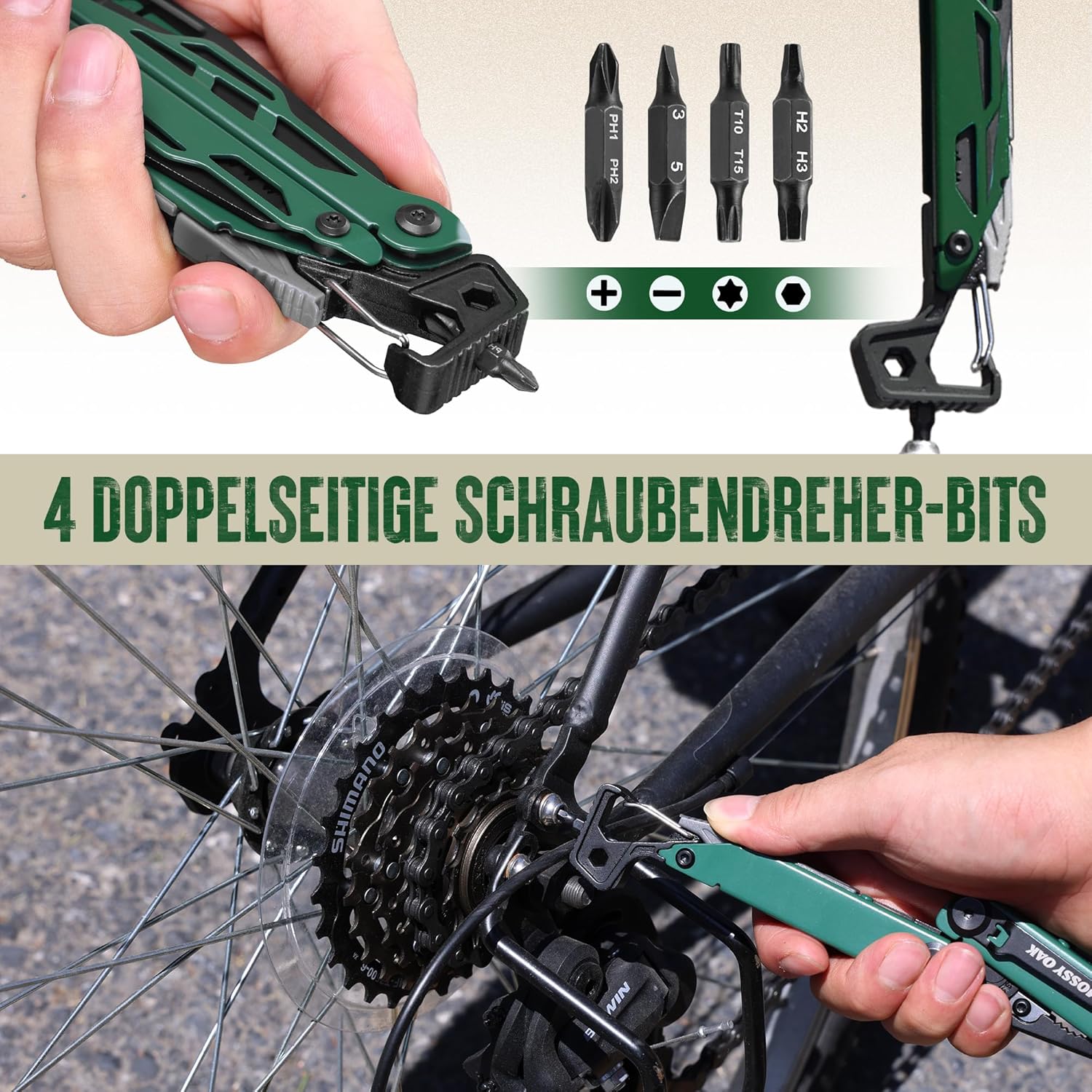Mossy Oak Multifunktionszange, 27-in-1 Multitool-Werkzeug, faltbares Edelstahl-Multifunktionswerkzeug, Multifunktionszange mit 4 Bits, Messer, zum Wandern, Camping, Reparieren mit Tragetasche, Grün | Inklusive Messer, Feueranzünder, Pfeife, Flaschenöffner und Schraubenzieher für Camping, Wandern und Outdoor-Abenteuer – Bild 6