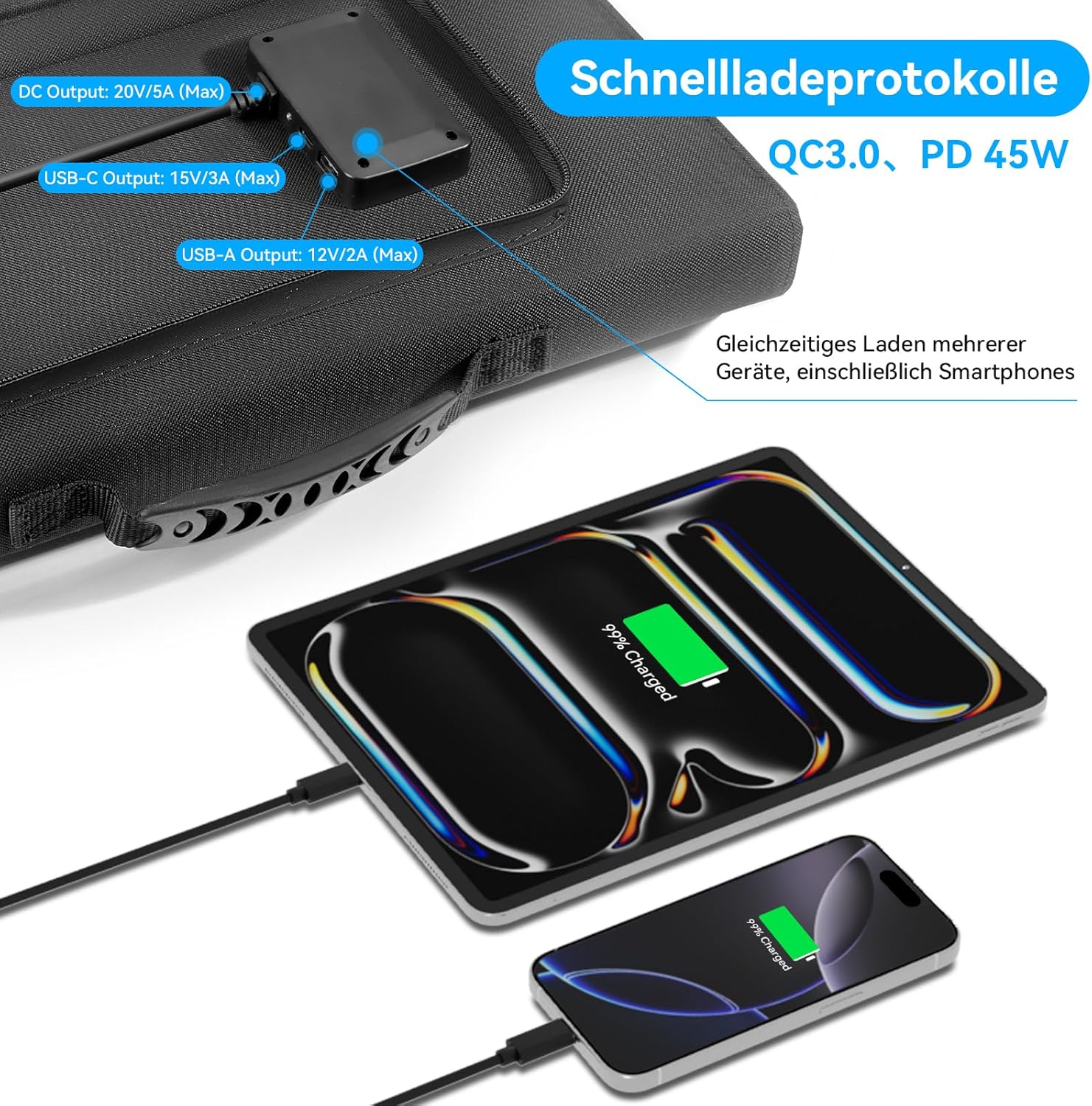 Solarpanel faltbar 100 W Schnellladung mit USB-A QC3.0 USB-C PD3.0 DC 20 V | Solarmodul 100W Tragbares Leichtgewicht mit Kickstand Camping kompatibel Power Station Solargeneratoren Handys Power Bank – Bild 8