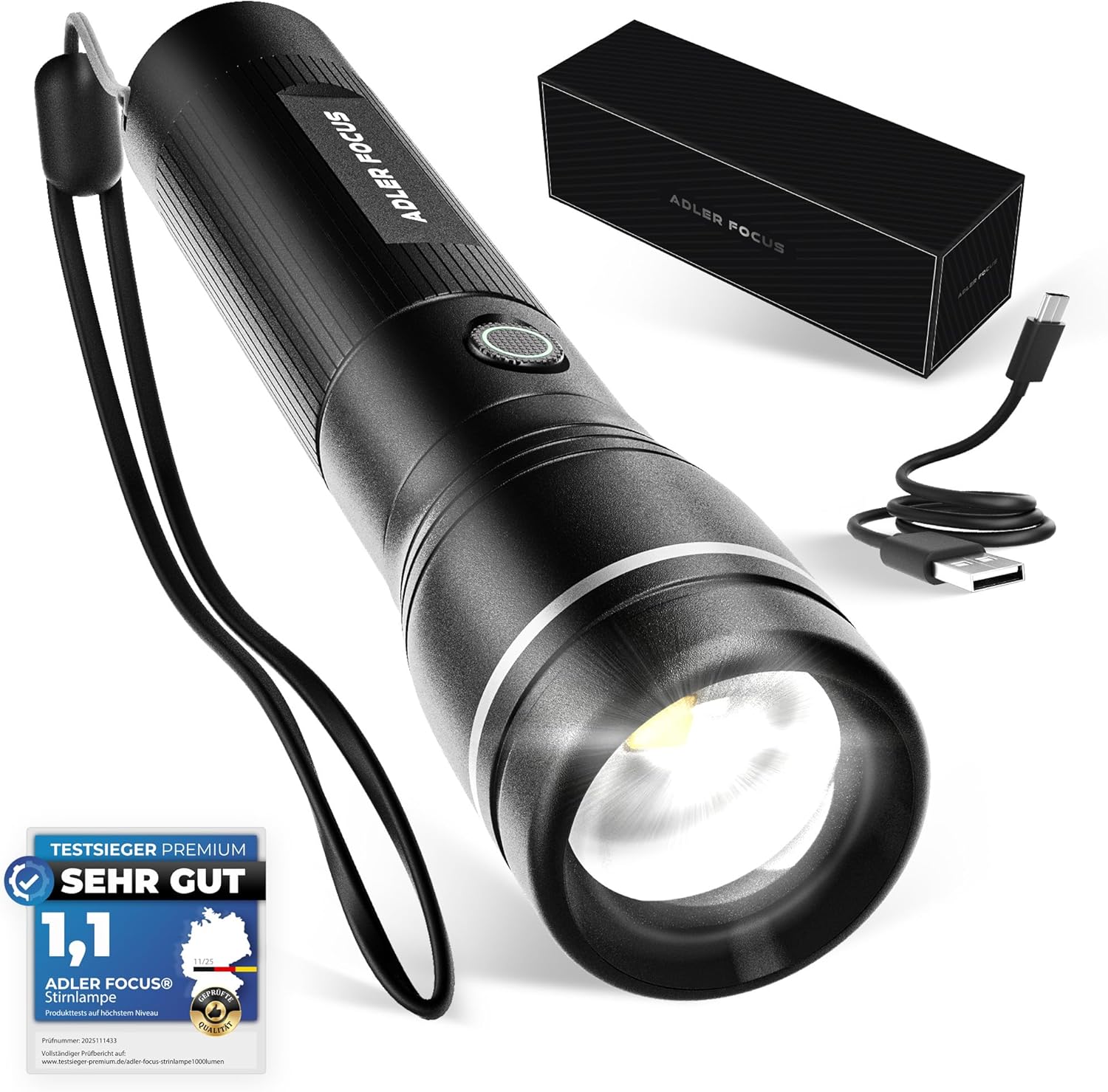 Taschenlampe | LED wiederaufladbar 1000 Lumen | Fokussierbare Strahlreichweite von 600 Metern | 22 Stunden Lichtzeit | Für Camping, Wandern (Energieklasse A)