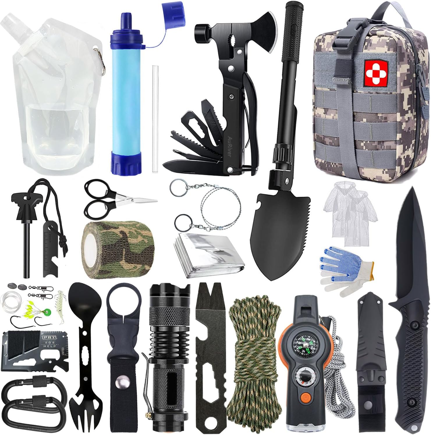 Survival Kit 22 in 1, Outdoor-Notfallset, Outdoor-Survival-Ausrüstung mit Wasserfilter, Outdoor, Wasserbeutel für Outdoor-Camping, Abenteuer, Wandern