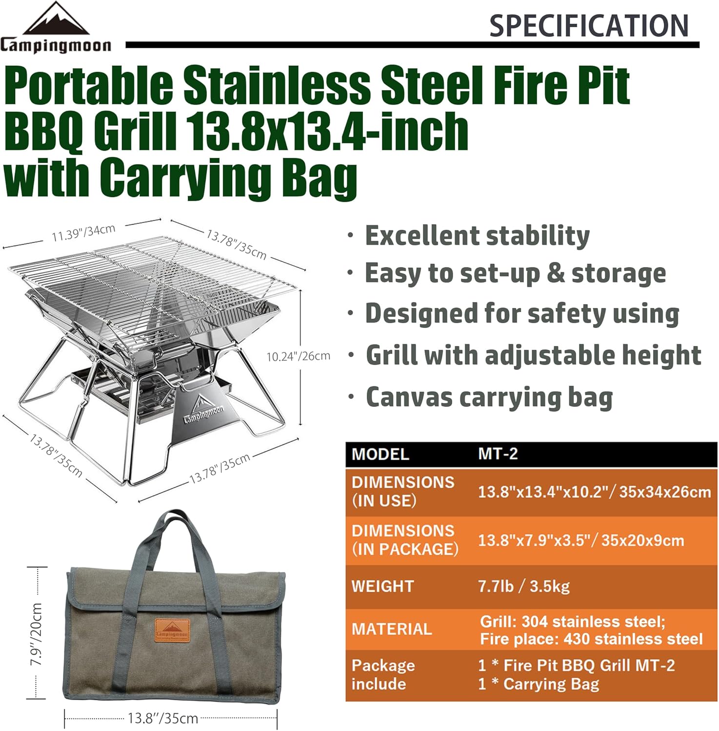 Campingmoon Campinggrill, Edelstahl, faltbar, tragbar, Holzkohlegrill, 35,6 cm, mit Tragetasche, MT-2 – Bild 2