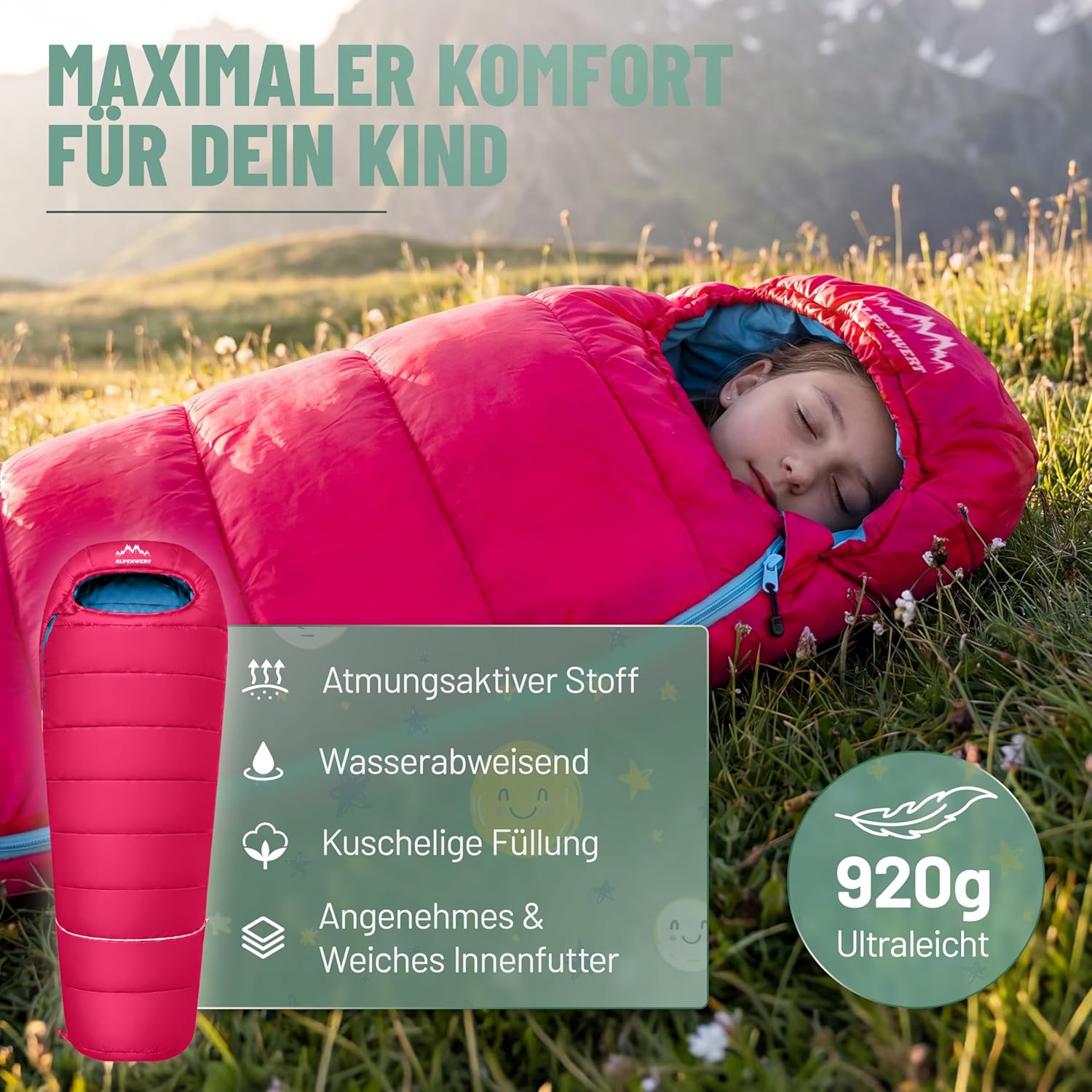 ALPENWERT® Kinder-Sommerschlafsack – wächst mit! (130-170 cm) – nur 920 g, kompakt (32 x 19 cm) – perfekt für Camping, Festival, Outdoor – Mumienschlafsack ab 6 Jahren – Bild 3