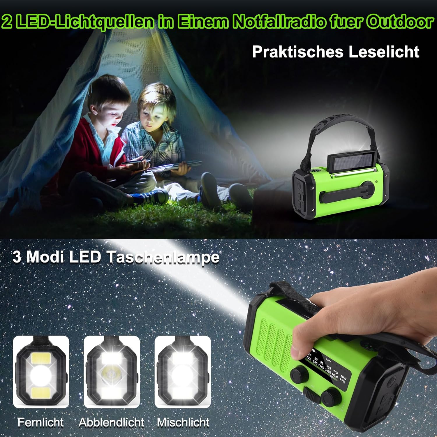 Solarradio, tragbares Kurbelradio, AM/FM-Notfallradio mit 10000/20000 mAh wiederaufladbarer Powerbank, 3 Modi LED-Taschenlampe, SOS-Alarm, USB-C-Handy-Aufladung für Camping im Freien (grün, 20000 mAh) – Bild 3