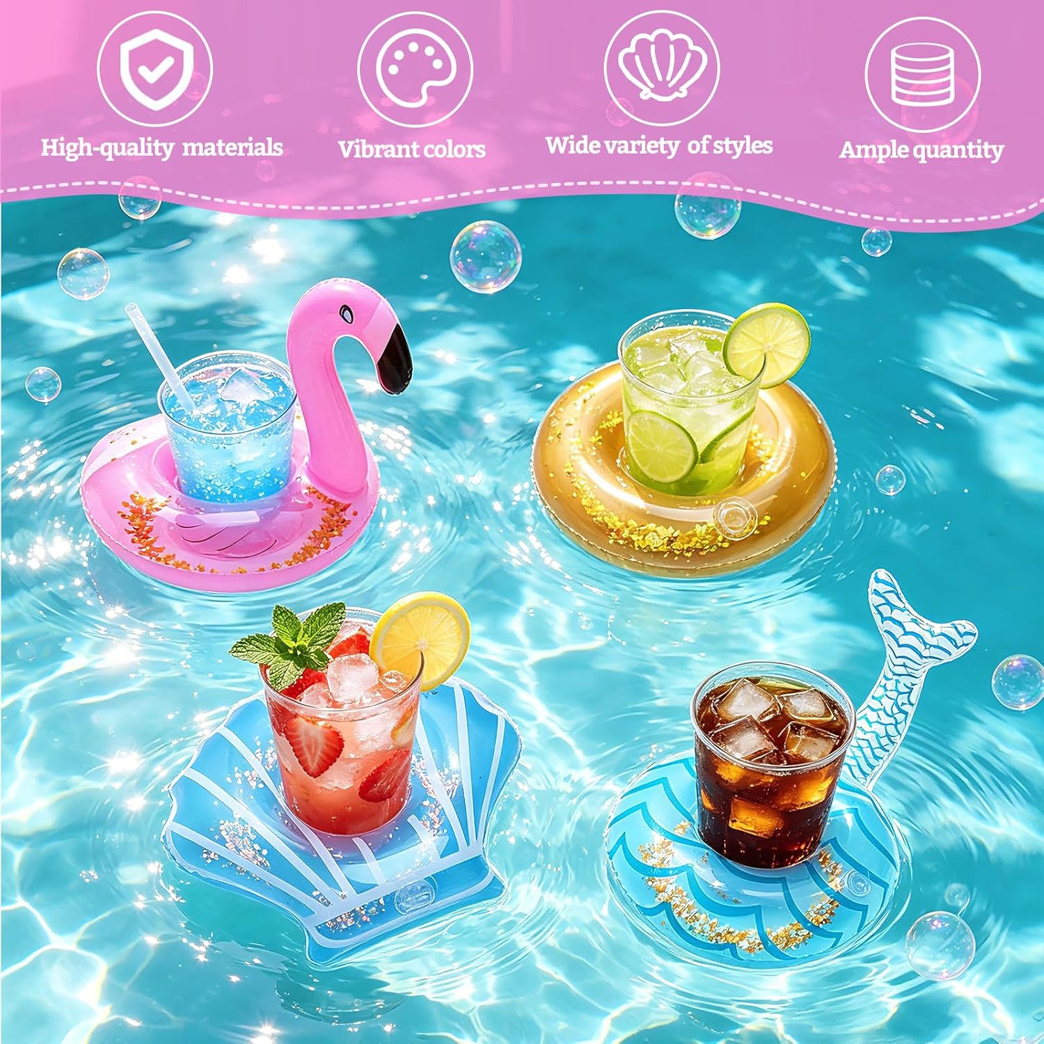 Xerteam 4 Stück aufblasbarer Getränkehalter Pool, Gliter aufblasbarer schwimmender Getränkehalter mit Luftpumpe, Flamingo aufblasbarer schwimmender Tier-Getränkehalter für Sommerpool und Hawaii-Party – Bild 3