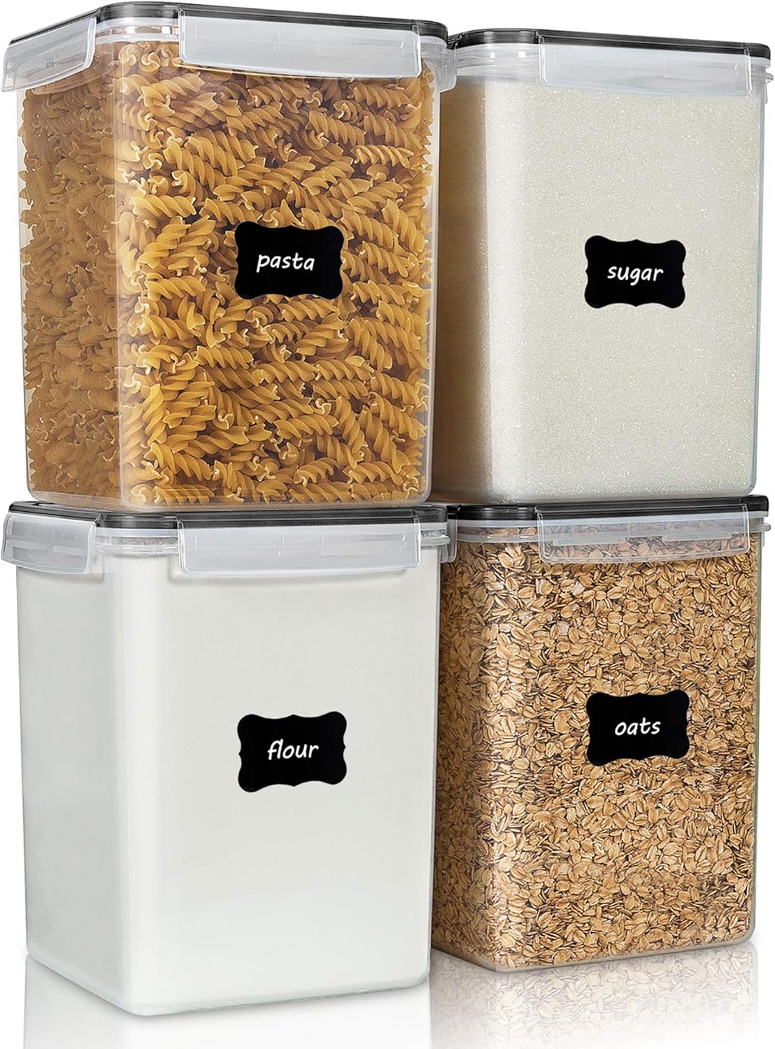 Vtopmart 5,2L große Vorratsgläser mit Deckel, luftdicht, 4 Stück Kunststoff-Aufbewahrungsboxen, Küchen-Organizer, BPA-frei, Vorratsbehälter für Zucker und Mehl mit Etiketten und Messbechern