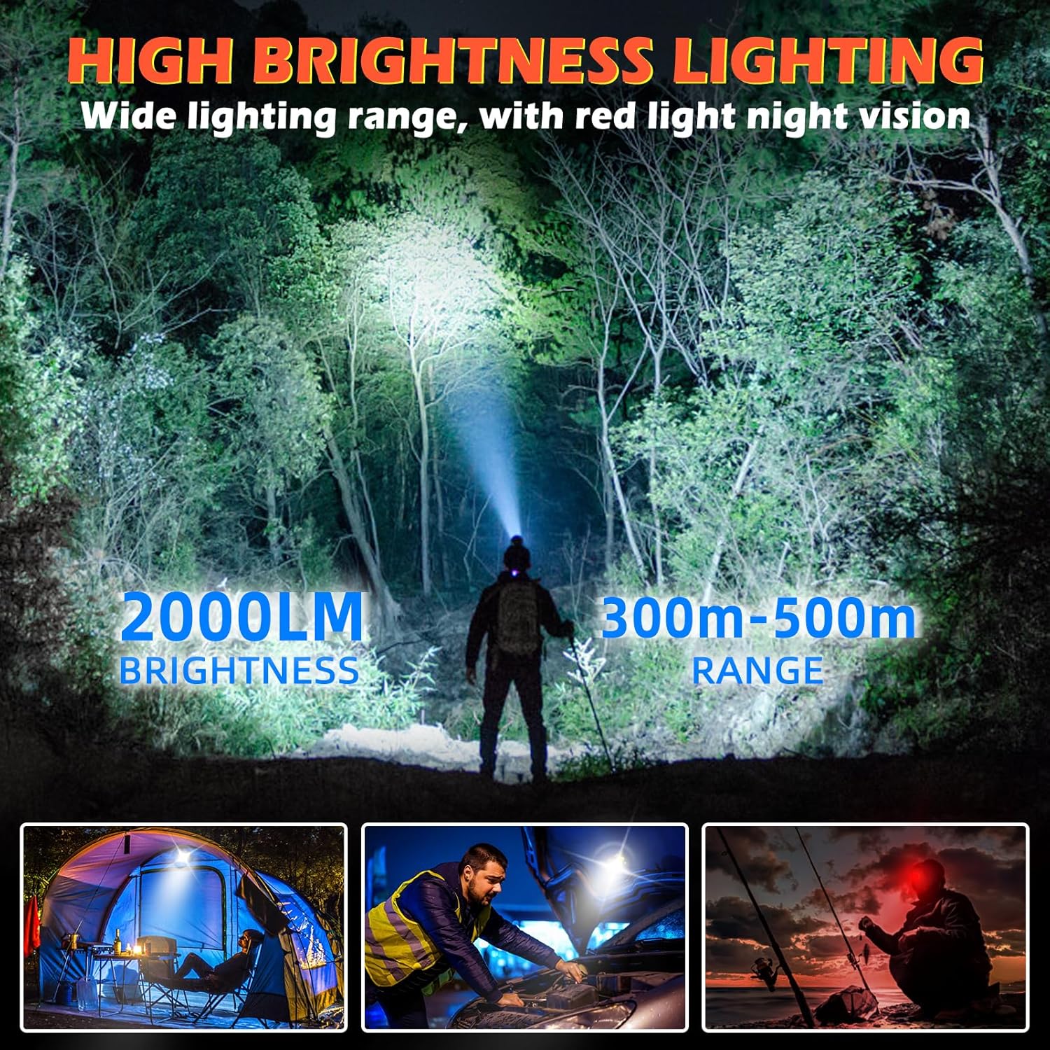 Hyted LED wiederaufladbare Stirnlampe, 2 Stück, 2000 Lumen, superhelle Sensor-LED-Stirnlampe, 14 Lichtmodi, wasserdicht, leichte Stirnlampe zum Angeln, Joggen, Camping – Bild 7