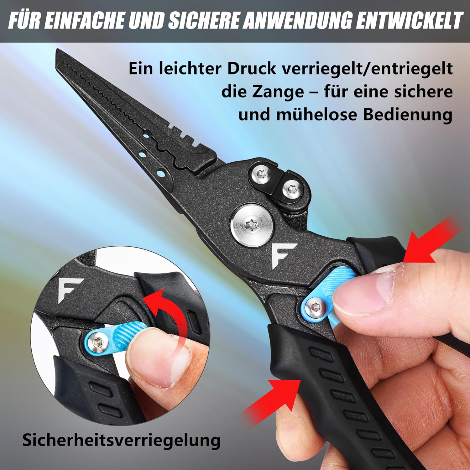 FLISSA Multifunktionale Angelzange, Multi-Angelzange mit Hakenlöser, Sicherheitsverriegelung, TPR-Griff, Edelstahlbacken, scharfe Schneidklingen mit Trageband und Tragetasche zum Angeln – Bild 6