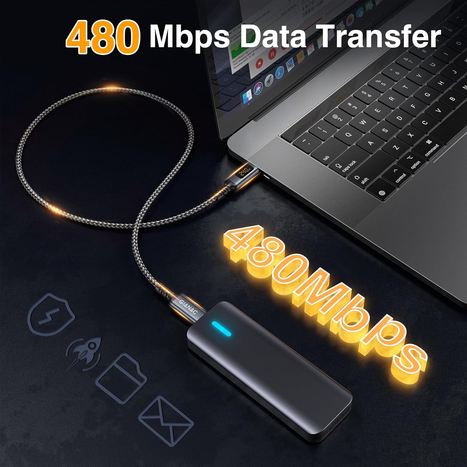 GIANAC 240W USB C auf USB C Kabel (2M) Schnellladekabel USB C USB PD3.1 Nylon USB Typ C Ladekabel mit LED-Anzeige für iPhone 16 Pro Max, iPhone 15, Samsung S24 S23 S22 S21, iPad Pro, MacBook Pro/Air – Bild 2
