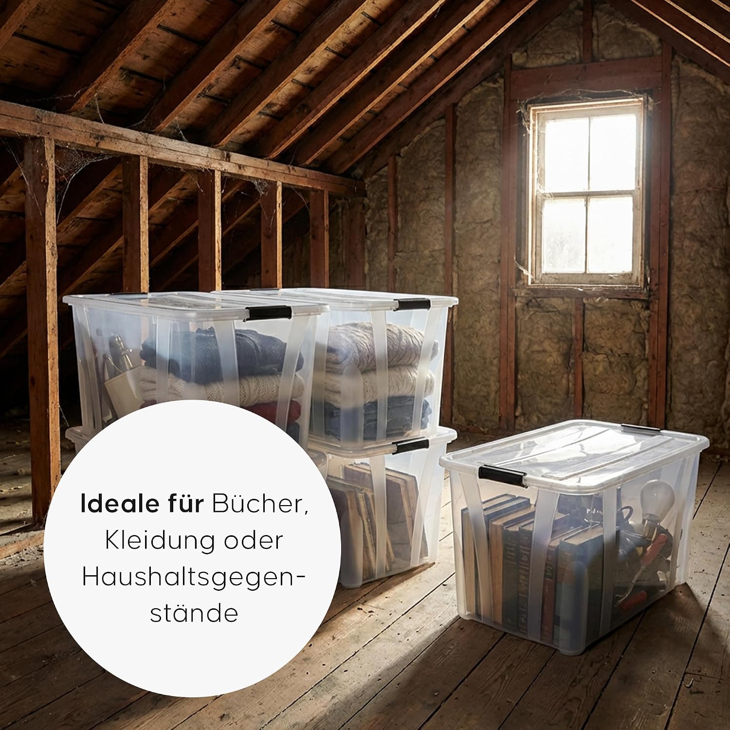 Aufbewahrungsboxen 4er-Set mit Deckel – Stapelbare Kunststoffboxen 7L, 14L, 21L, 32L, 55L, 80L transparent mit Klickverschluss & Griffen, BPA-frei, lebensmittelecht, Ordnungsboxen (55 L) – Bild 6