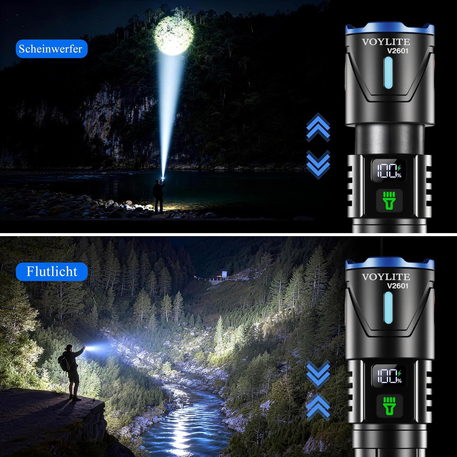 Taschenlampe LED wiederaufladbar, 2er-Pack, 1000.000 Lumen, extrem hell, bis zu 1500 m Reichweite, 3 Lichtmodi & zoombar, IPX7 wasserdicht, taktische LED-Taschenlampe für Camping/Outdoor/Wandern – Bild 4