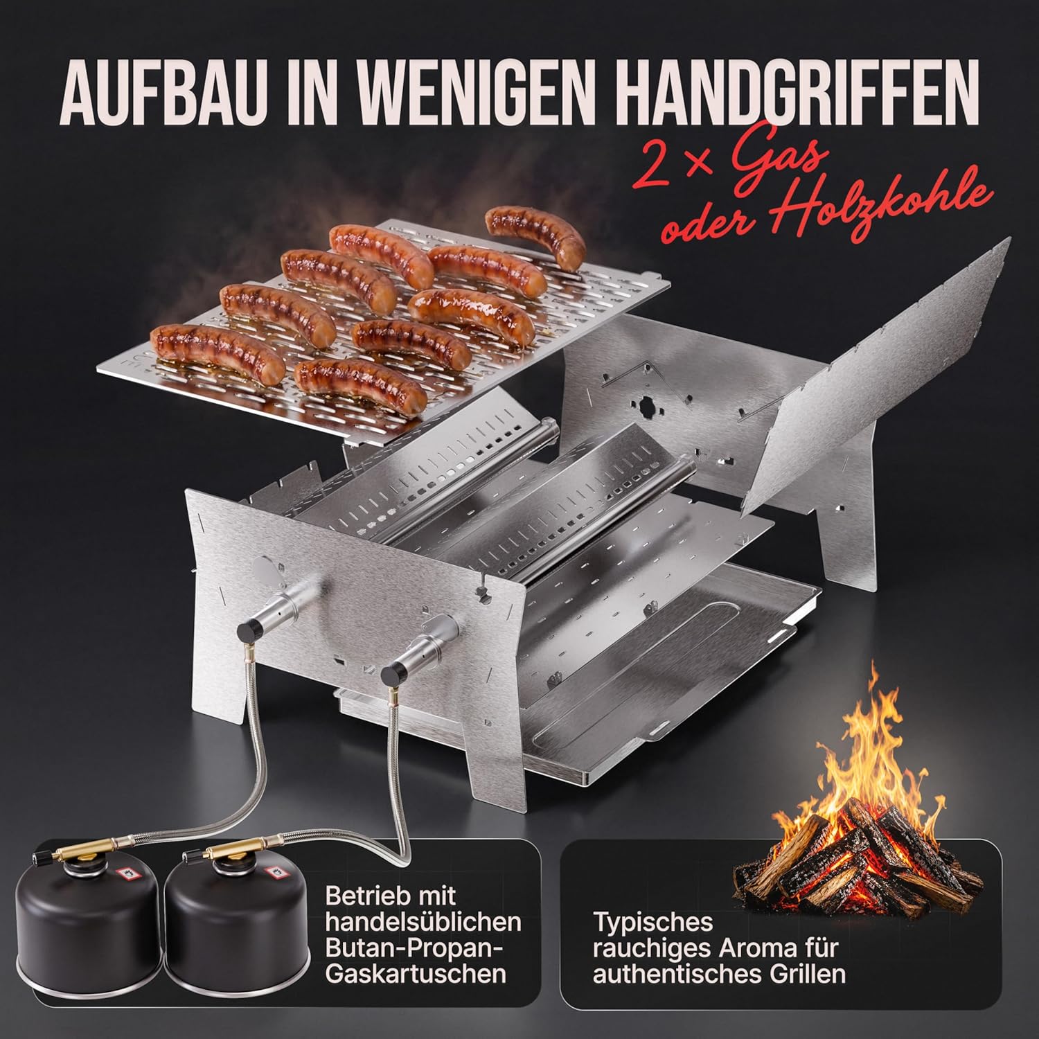 Grillen | Mobiler Plug-In Gasgrill Large XL | 2 Brenner | Tragbarer Edelstahlgrill mit Stecksystem – Gas- und Holzkohlebetrieb inklusive Tragetasche – perfekt für Camping, Balkon – Bild 6