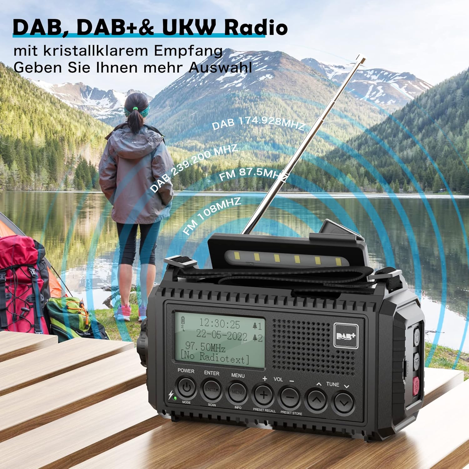 Kurbelradio DAB/UKW, tragbares Solarradio mit LED-Taschenlampe & Leselicht, DAB+/UKW-Baustellenradio IPX4, Notfallradio und SOS-Alarm, zum Wandern geeignet – Bild 2